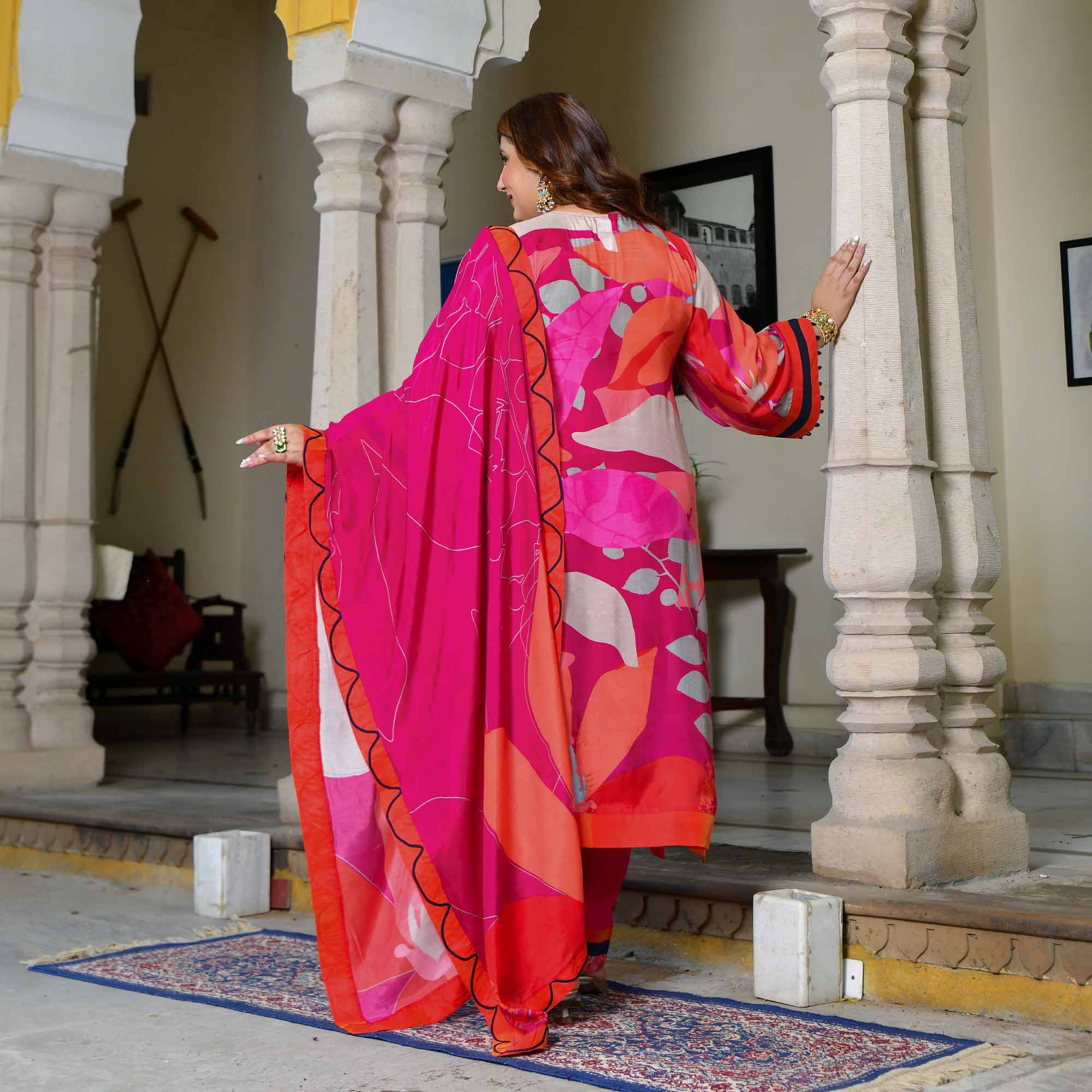 Amaranth-Red & Rani Pink Hand Embroidered Floral Print Suit Set