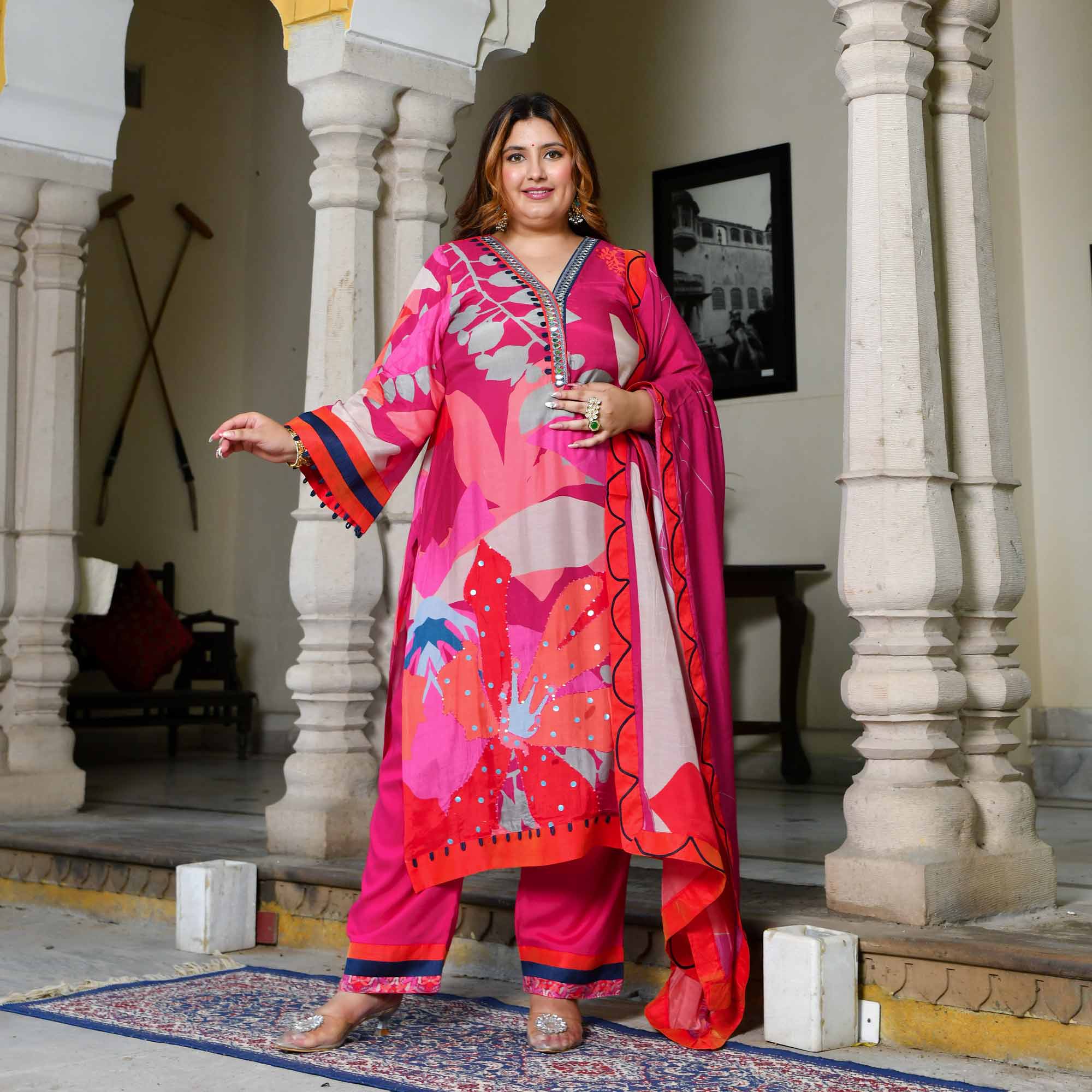 Amaranth-Red & Rani Pink Hand Embroidered Floral Print Suit Set