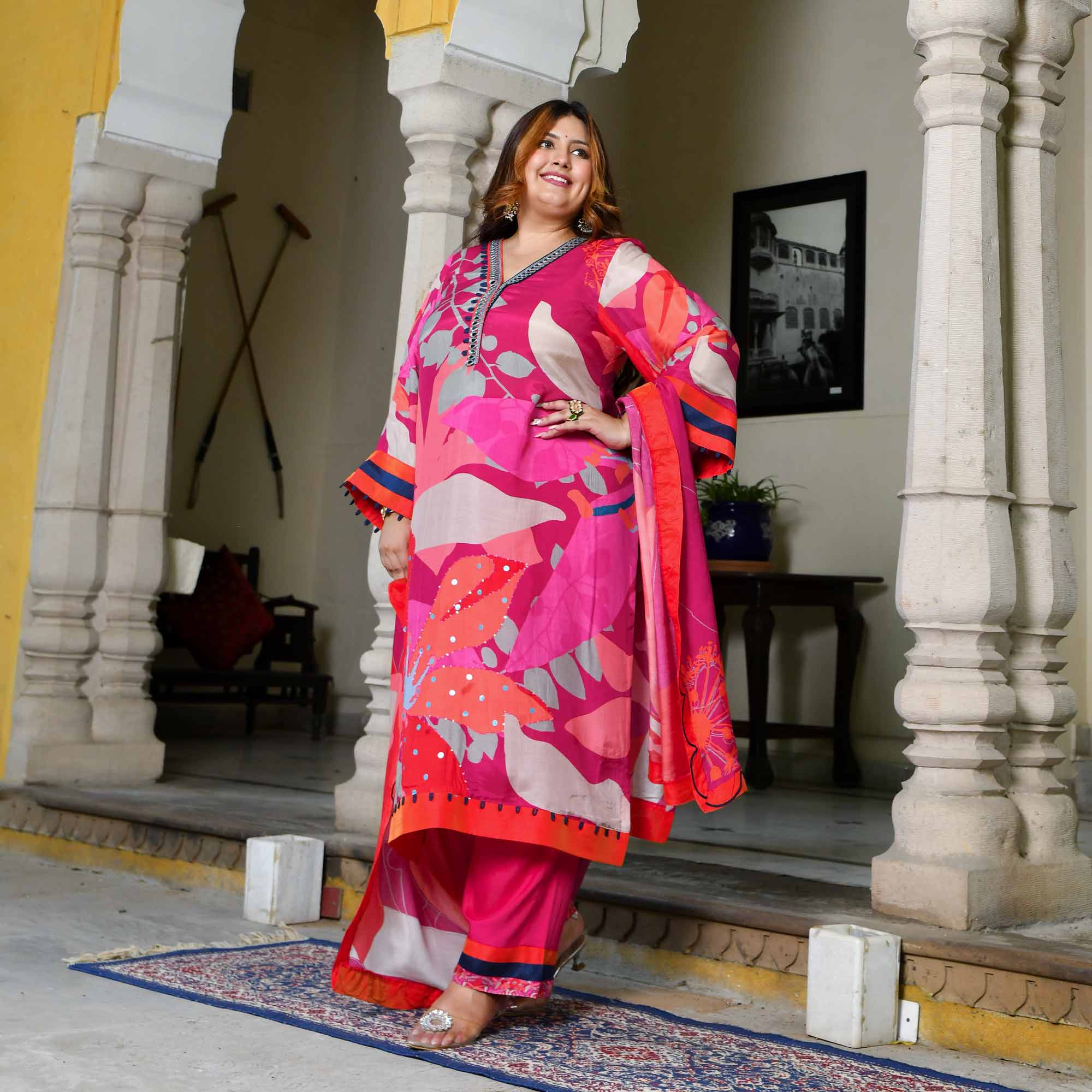 Amaranth-Red & Rani Pink Hand Embroidered Floral Print Suit Set