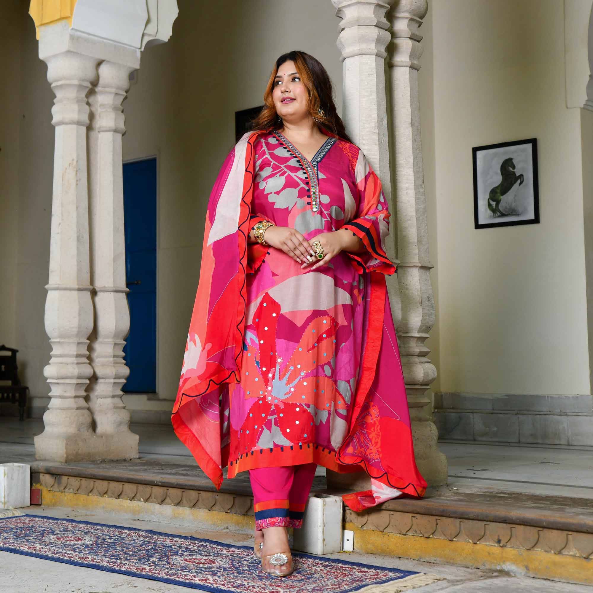 Amaranth-Red & Rani Pink Hand Embroidered Floral Print Suit Set