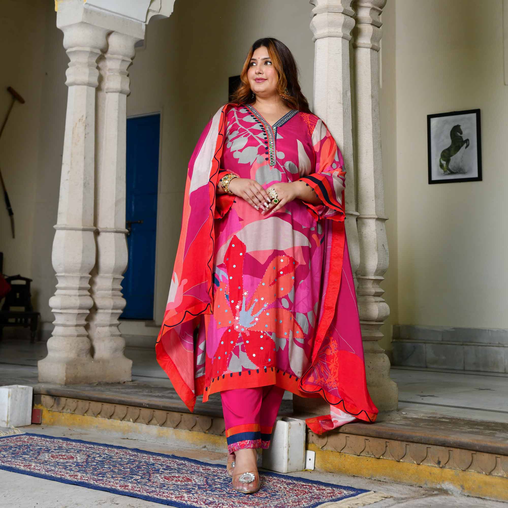 Amaranth-Red & Rani Pink Hand Embroidered Floral Print Suit Set