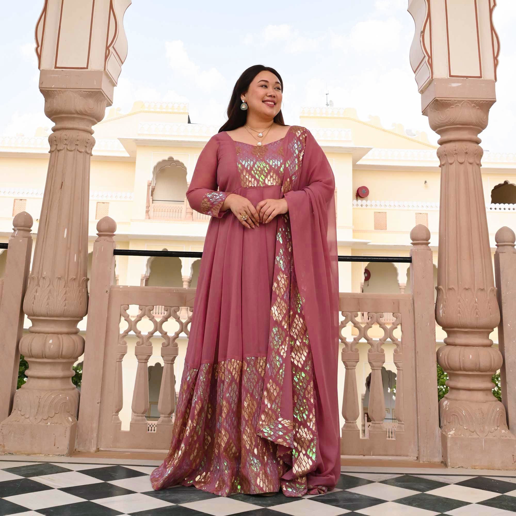 Misty Rose Metallic Sequin Embroidered Anarkali Set