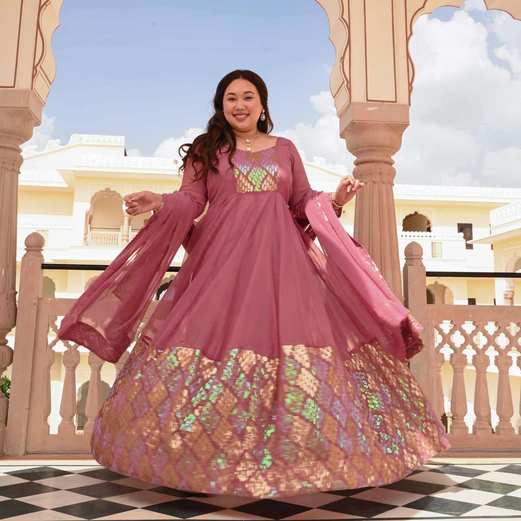 Misty Rose Metallic Sequin Embroidered Anarkali Set