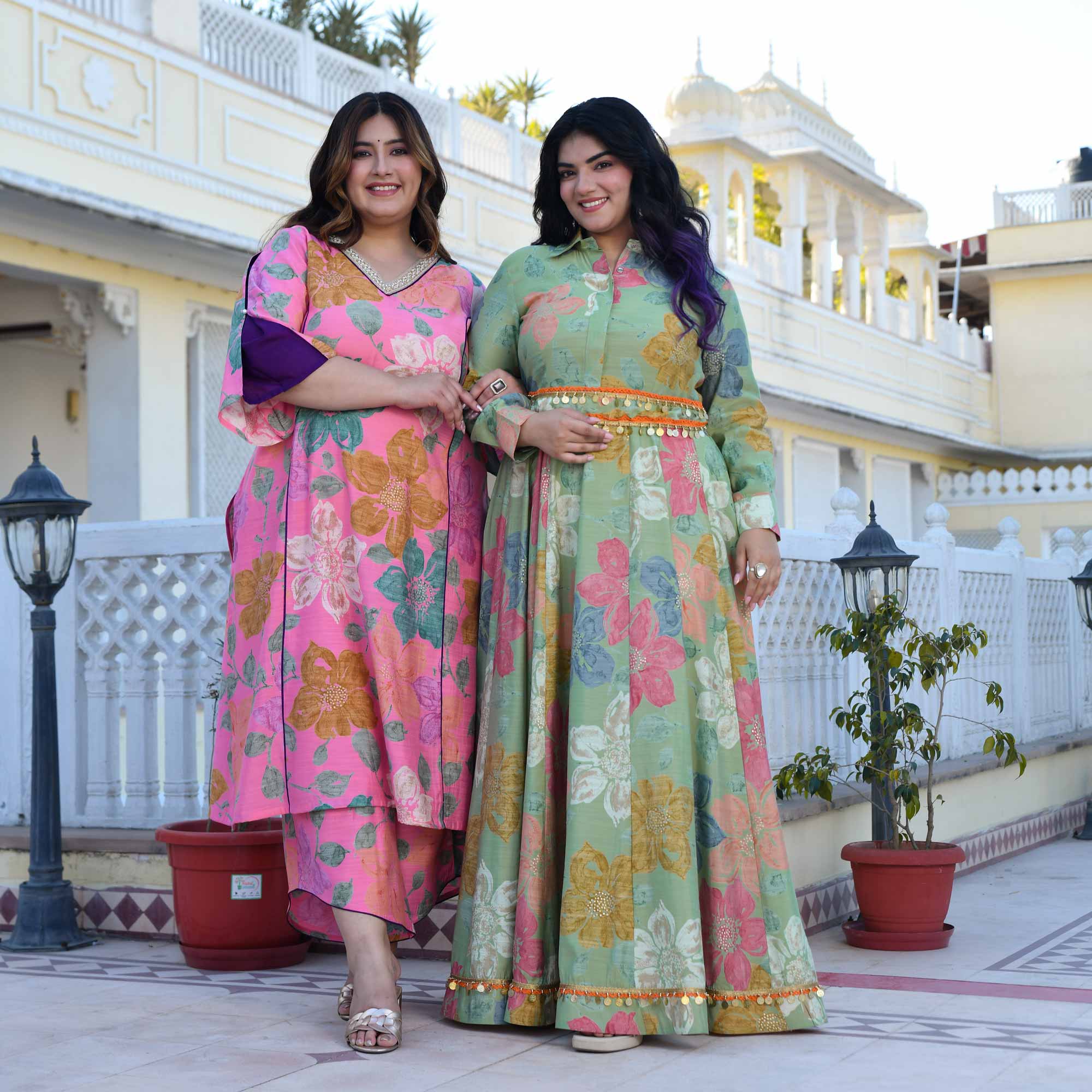 Carnation- Blush Pink Floral Modal Viscose Blend Kurta with Asymmetrical Pants