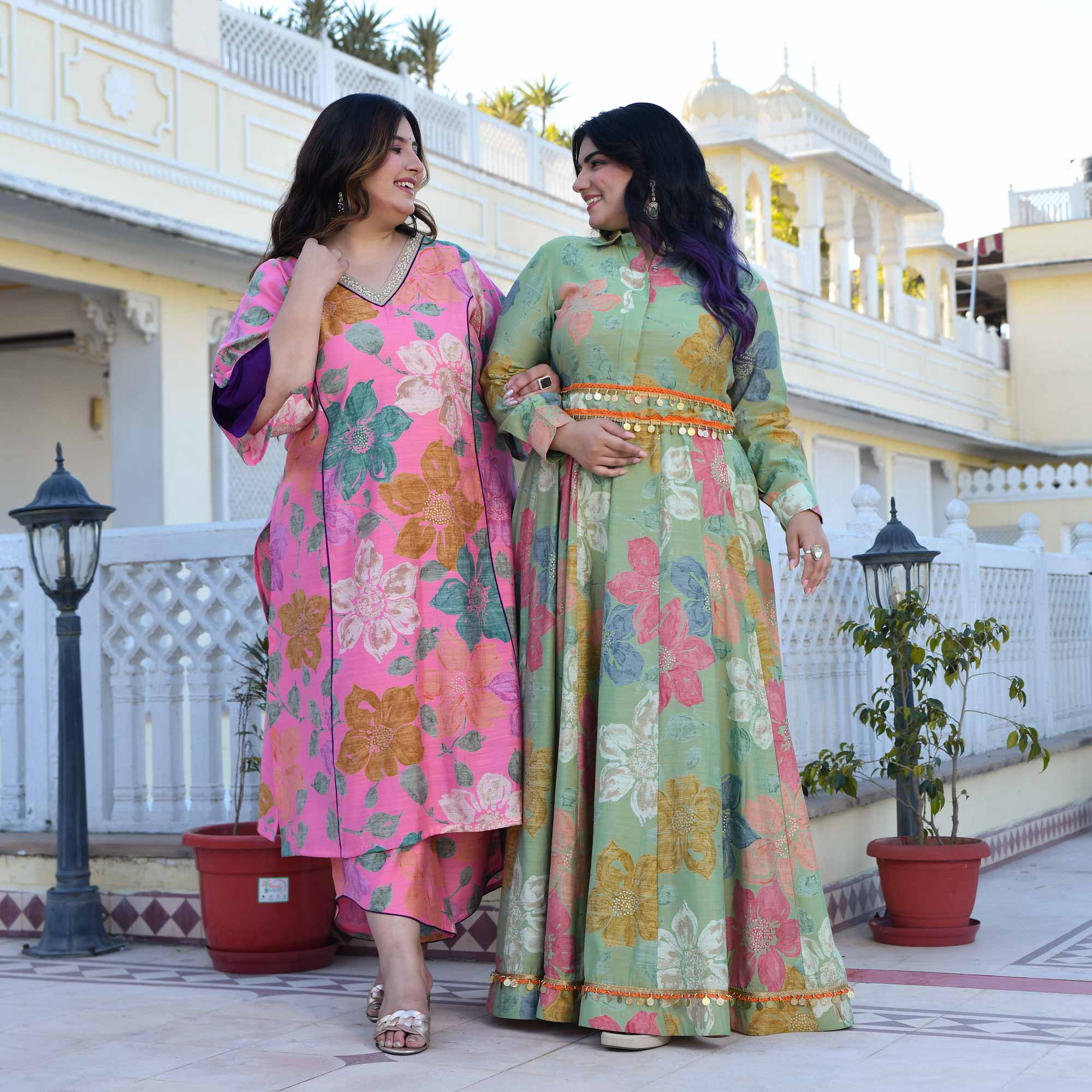 Carnation- Blush Pink Floral Modal Viscose Blend Kurta with Asymmetrical Pants