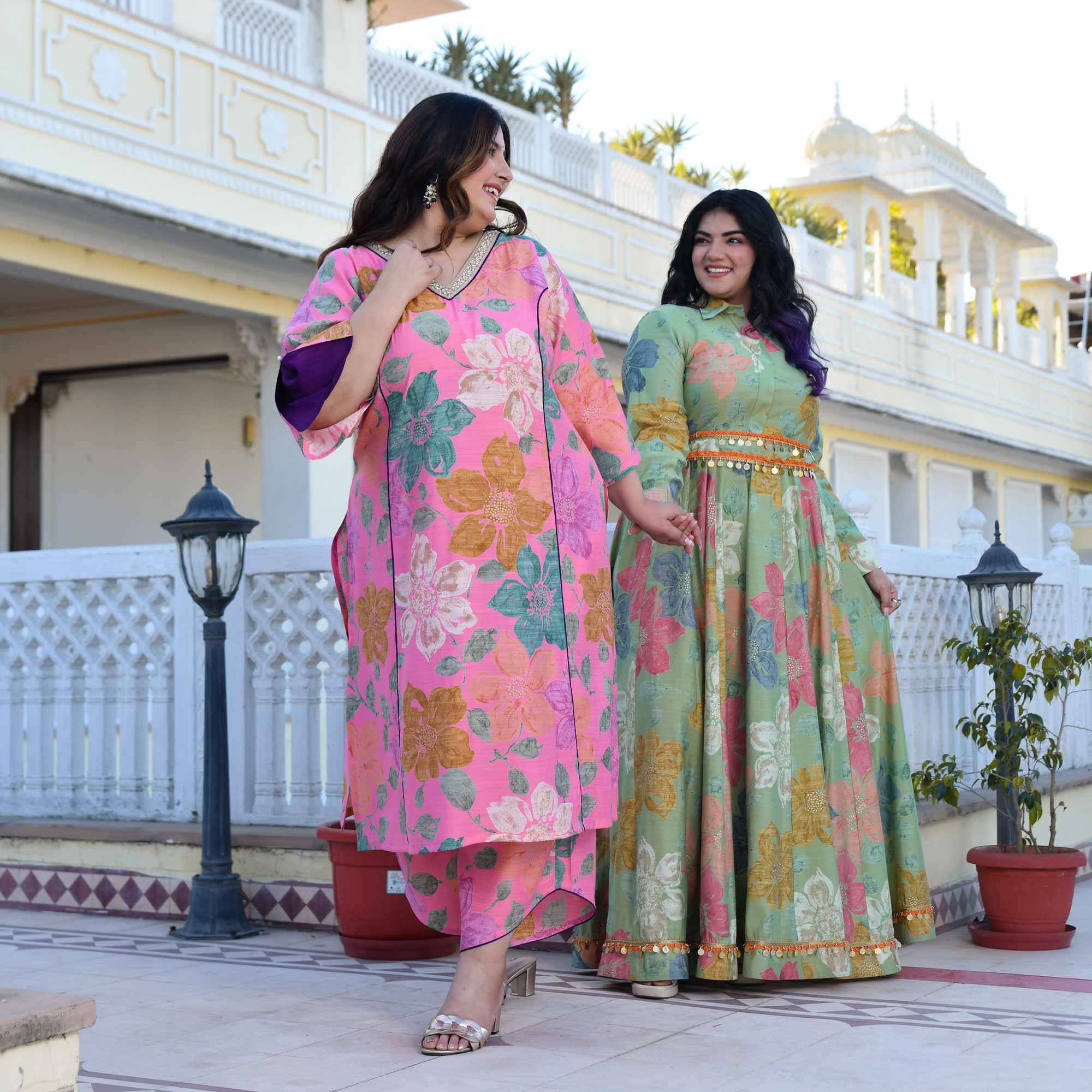 Carnation- Blush Pink Floral Modal Viscose Blend Kurta with Asymmetrical Pants