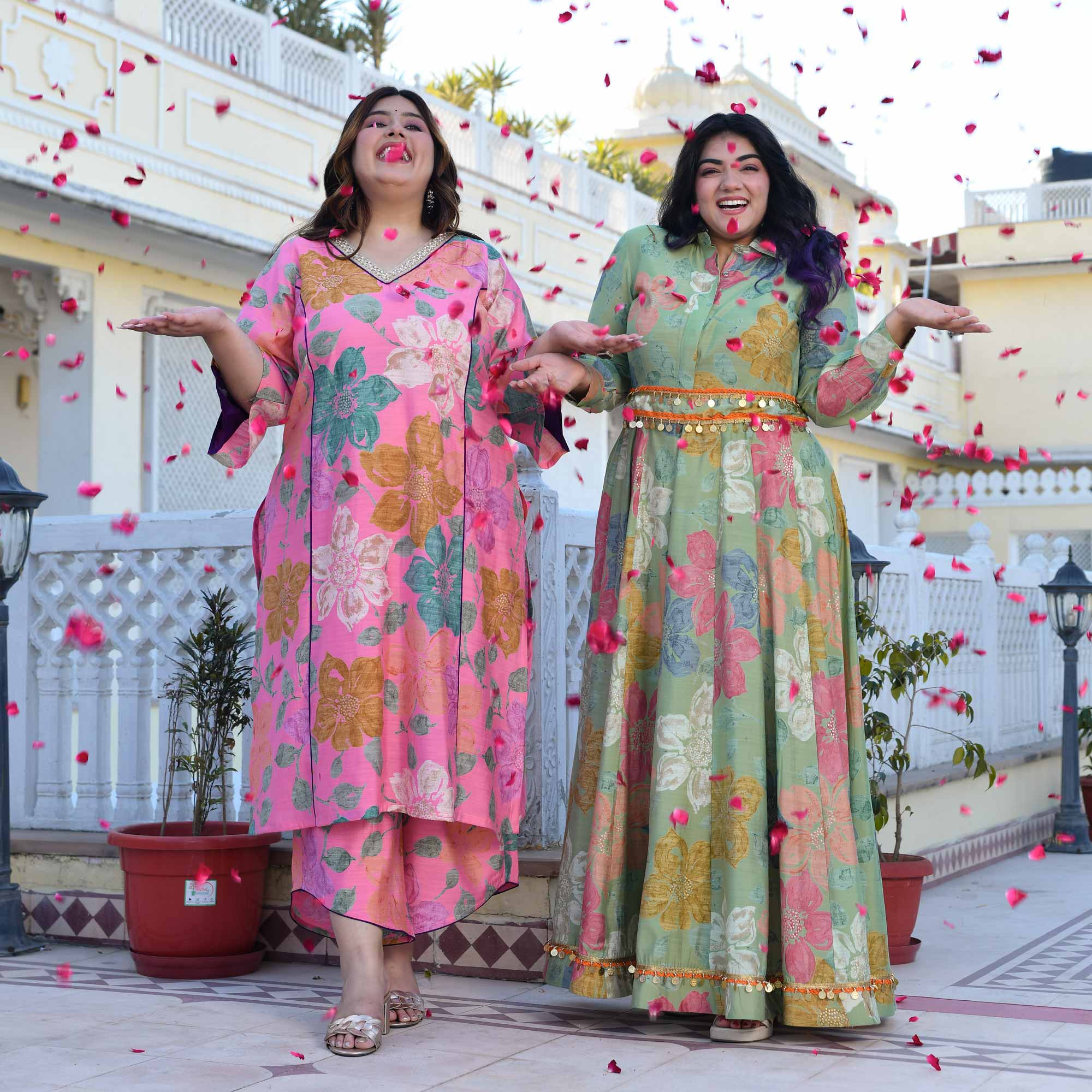 Carnation- Blush Pink Floral Modal Viscose Blend Kurta with Asymmetrical Pants