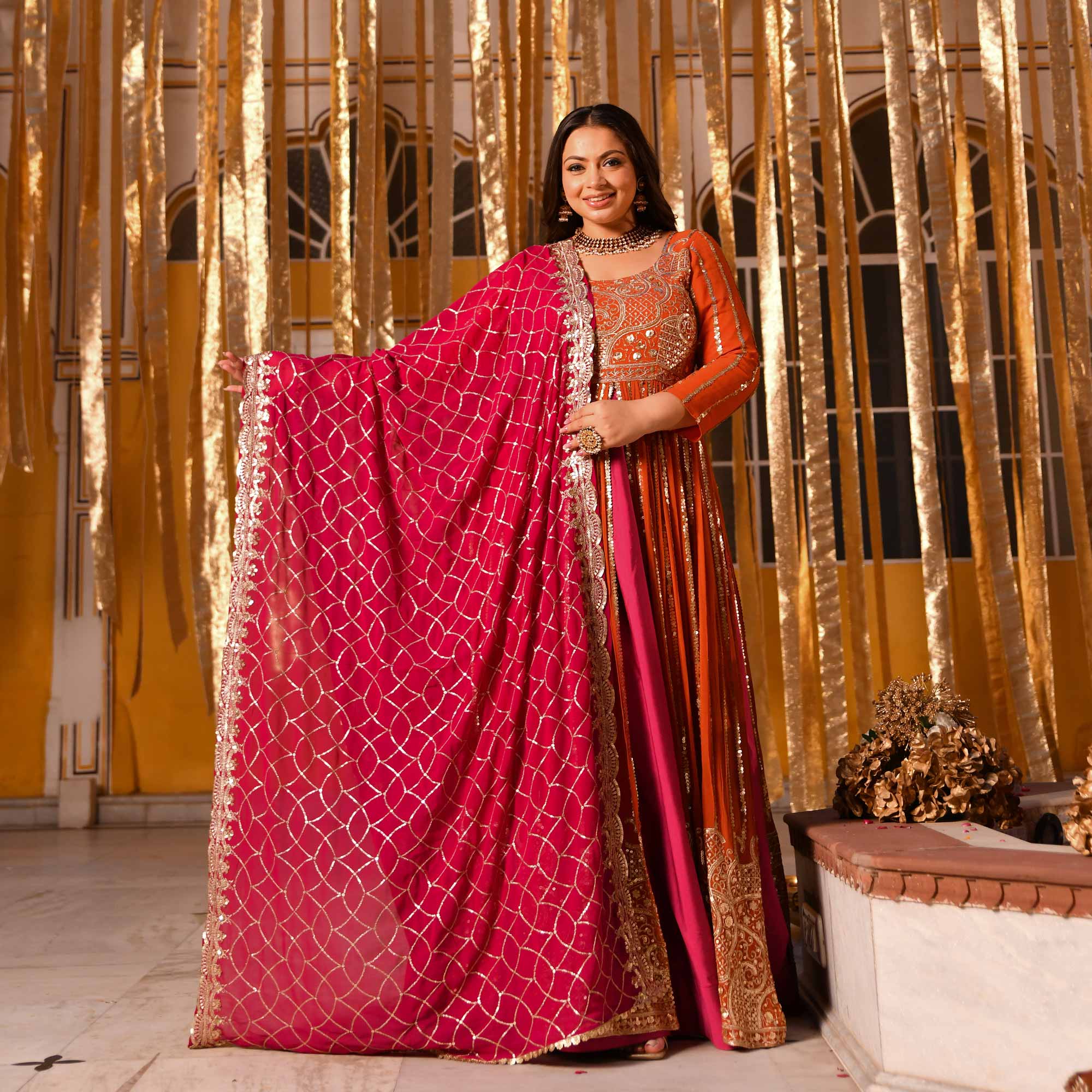 Rosette Royale - Rust Orange & Deep Pink Sequin Embroidered Pure georgette Anarkali Skirt Set