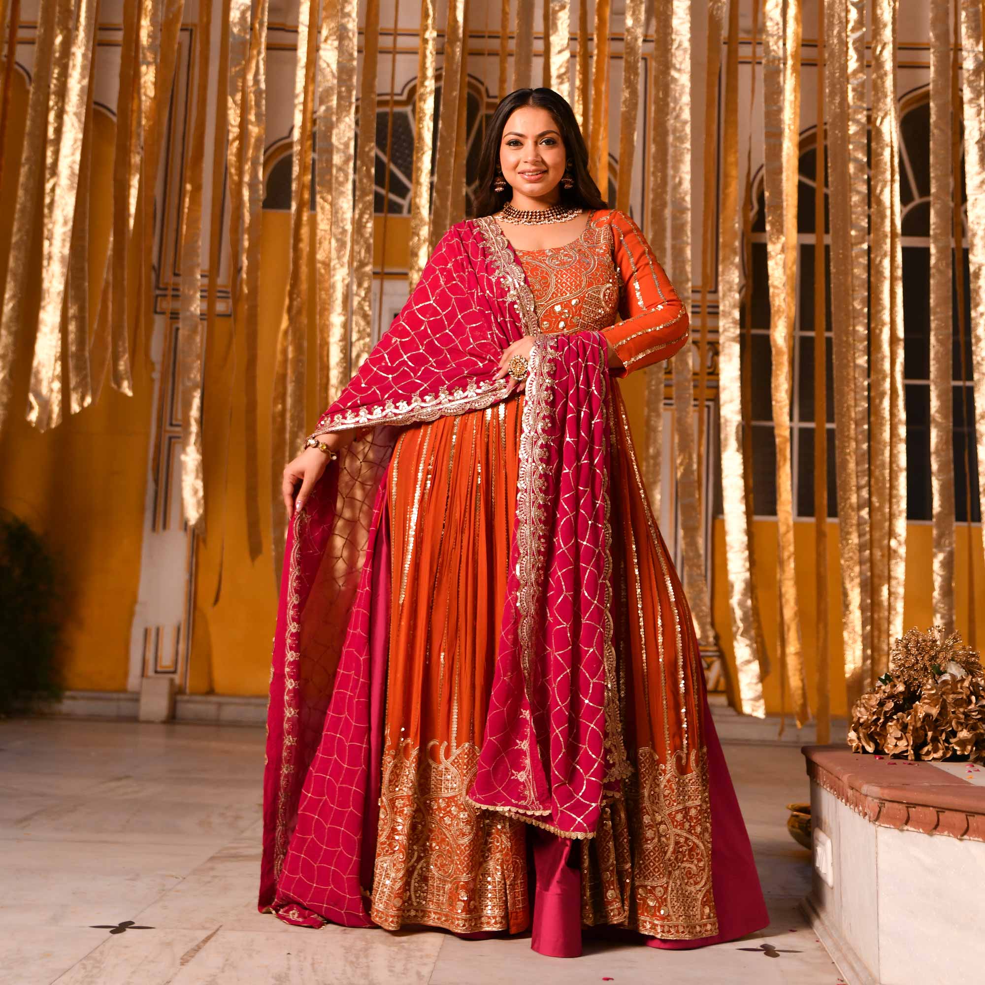 Rosette Royale - Rust Orange & Deep Pink Sequin Embroidered Pure georgette Anarkali Skirt Set