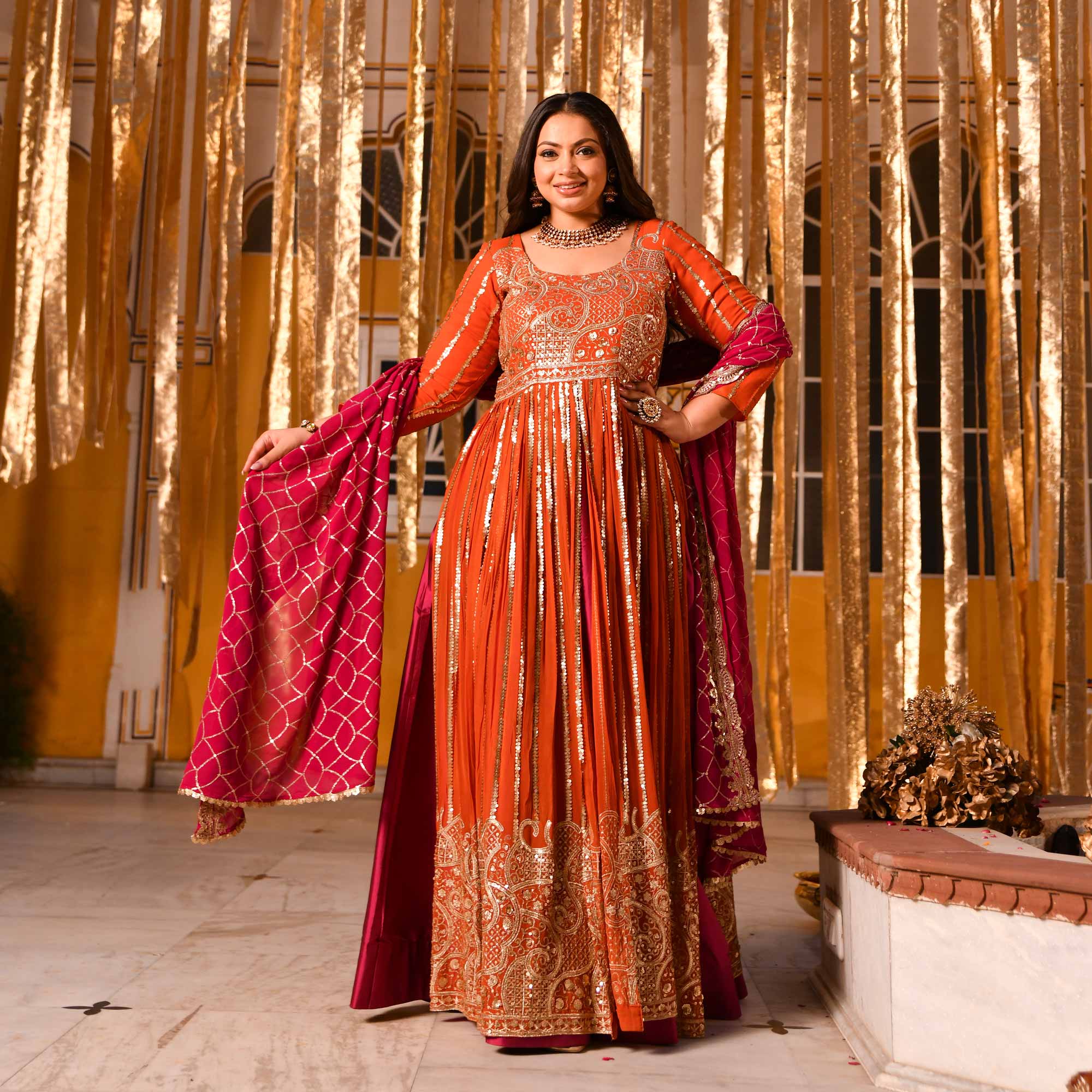 Rosette Royale - Rust Orange & Deep Pink Sequin Embroidered Pure georgette Anarkali Skirt Set