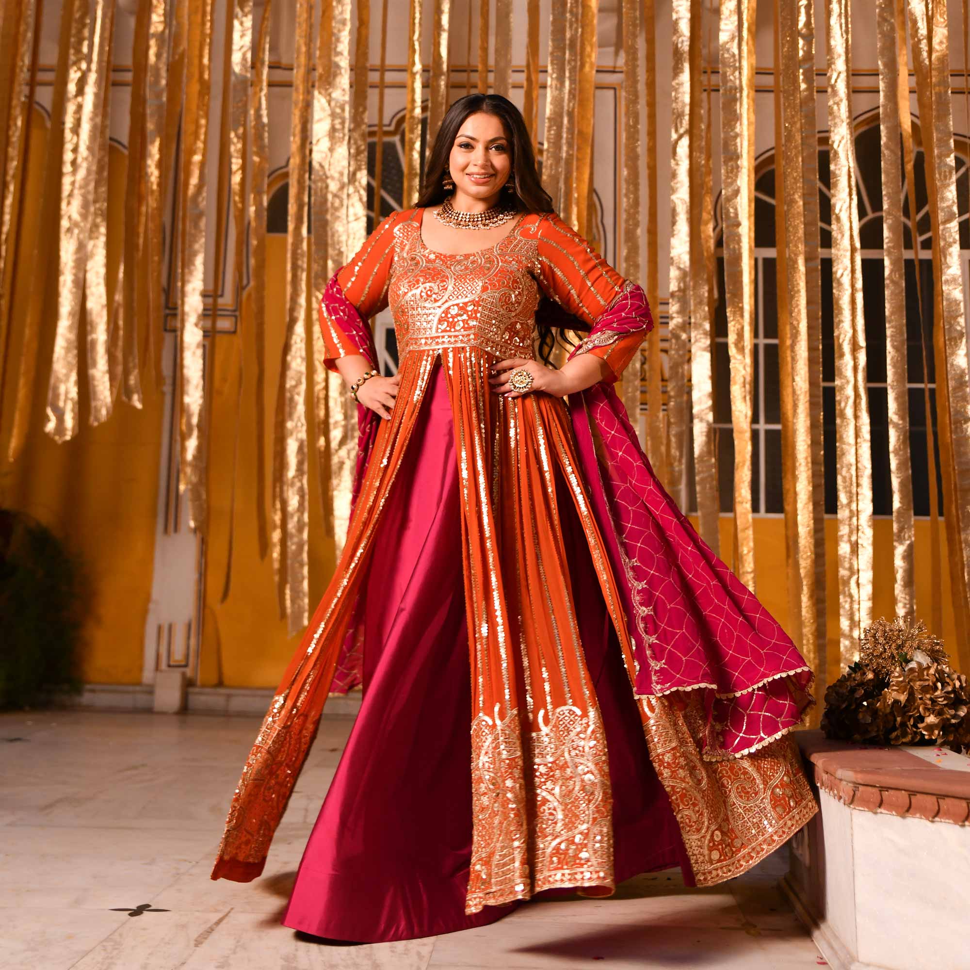 Rosette Royale - Rust Orange & Deep Pink Sequin Embroidered Pure georgette Anarkali Skirt Set