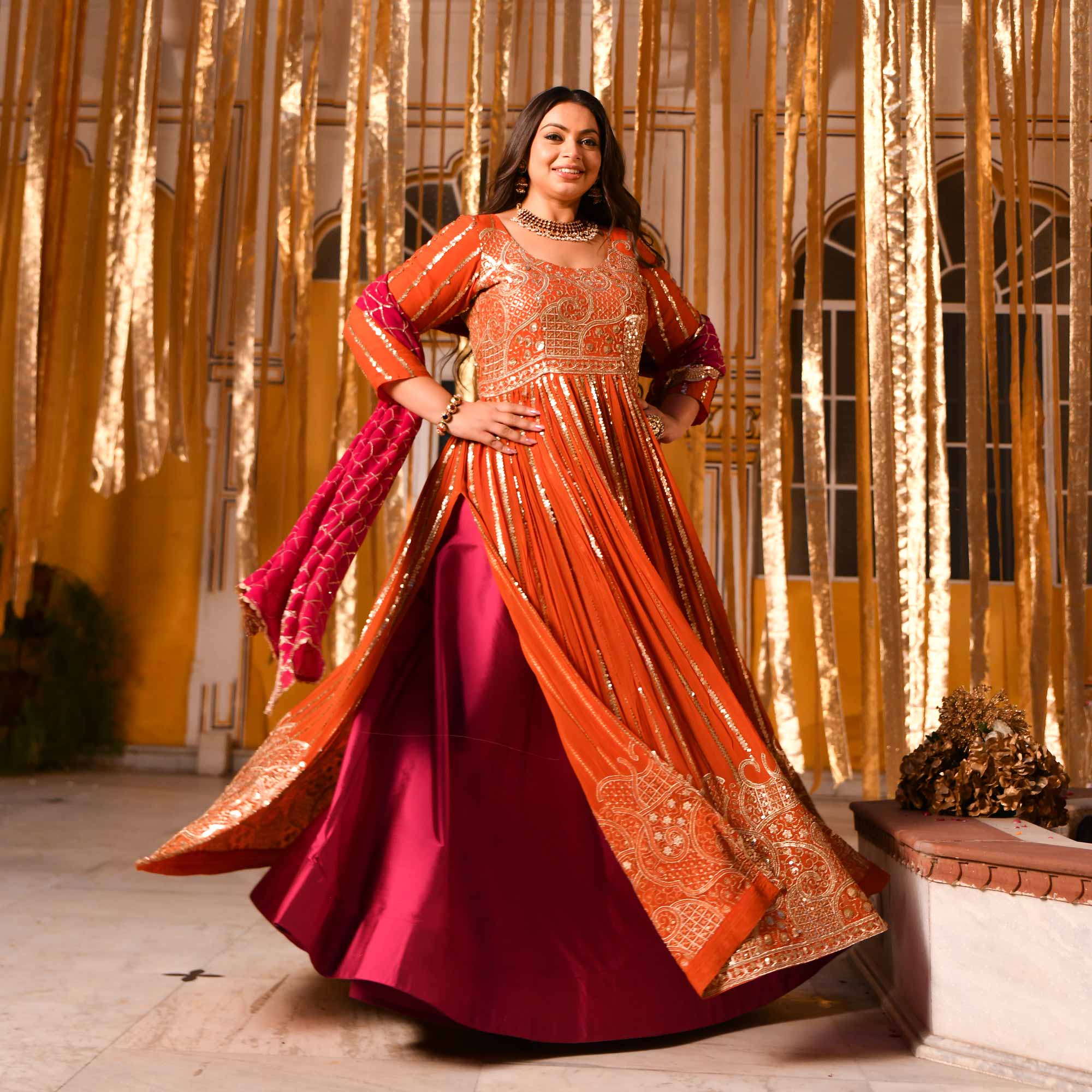 Rosette Royale - Rust Orange & Deep Pink Sequin Embroidered Pure georgette Anarkali Skirt Set