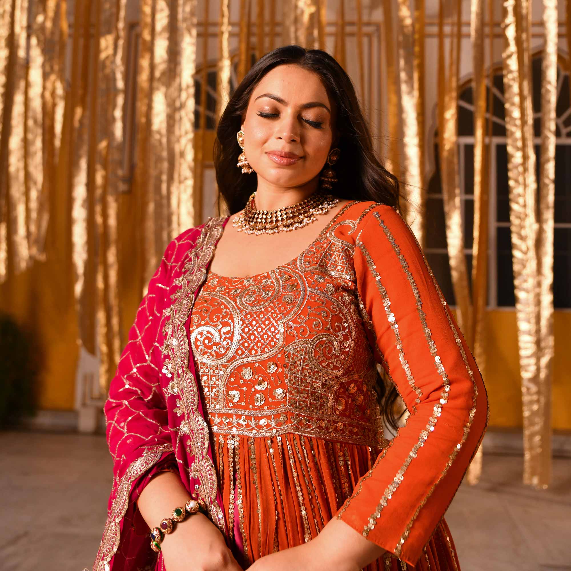 Rosette Royale - Rust Orange & Deep Pink Sequin Embroidered Pure georgette Anarkali Skirt Set