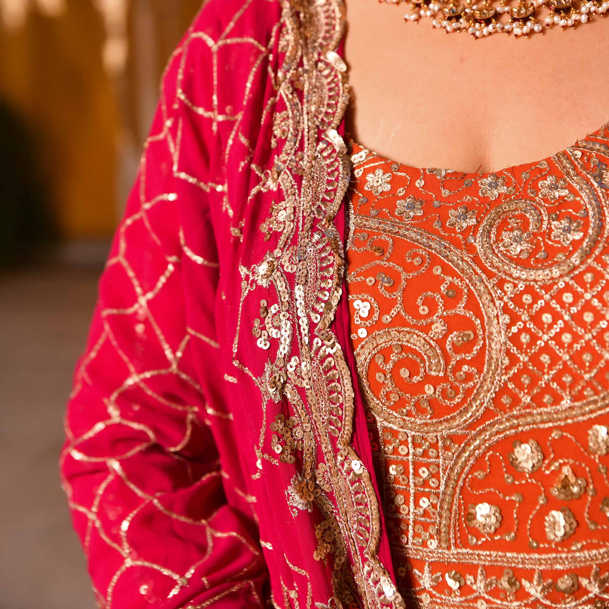 Rosette Royale - Rust Orange & Deep Pink Sequin Embroidered Pure georgette Anarkali Skirt Set