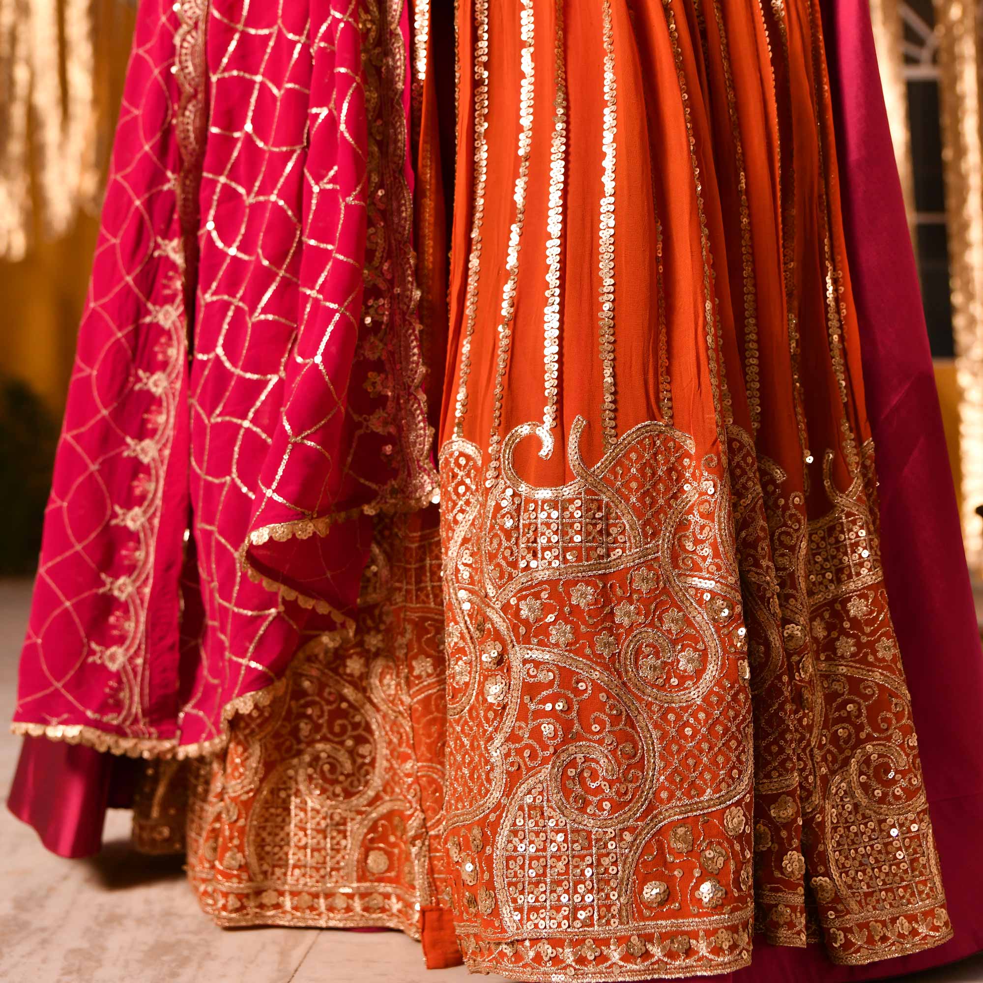 Rosette Royale - Rust Orange & Deep Pink Sequin Embroidered Pure georgette Anarkali Skirt Set