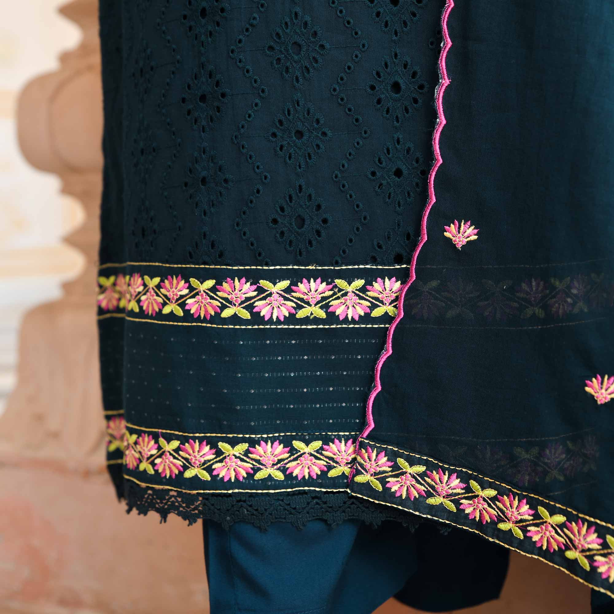 Empress Blue Schiffli Embroidered Cotton Suit Set