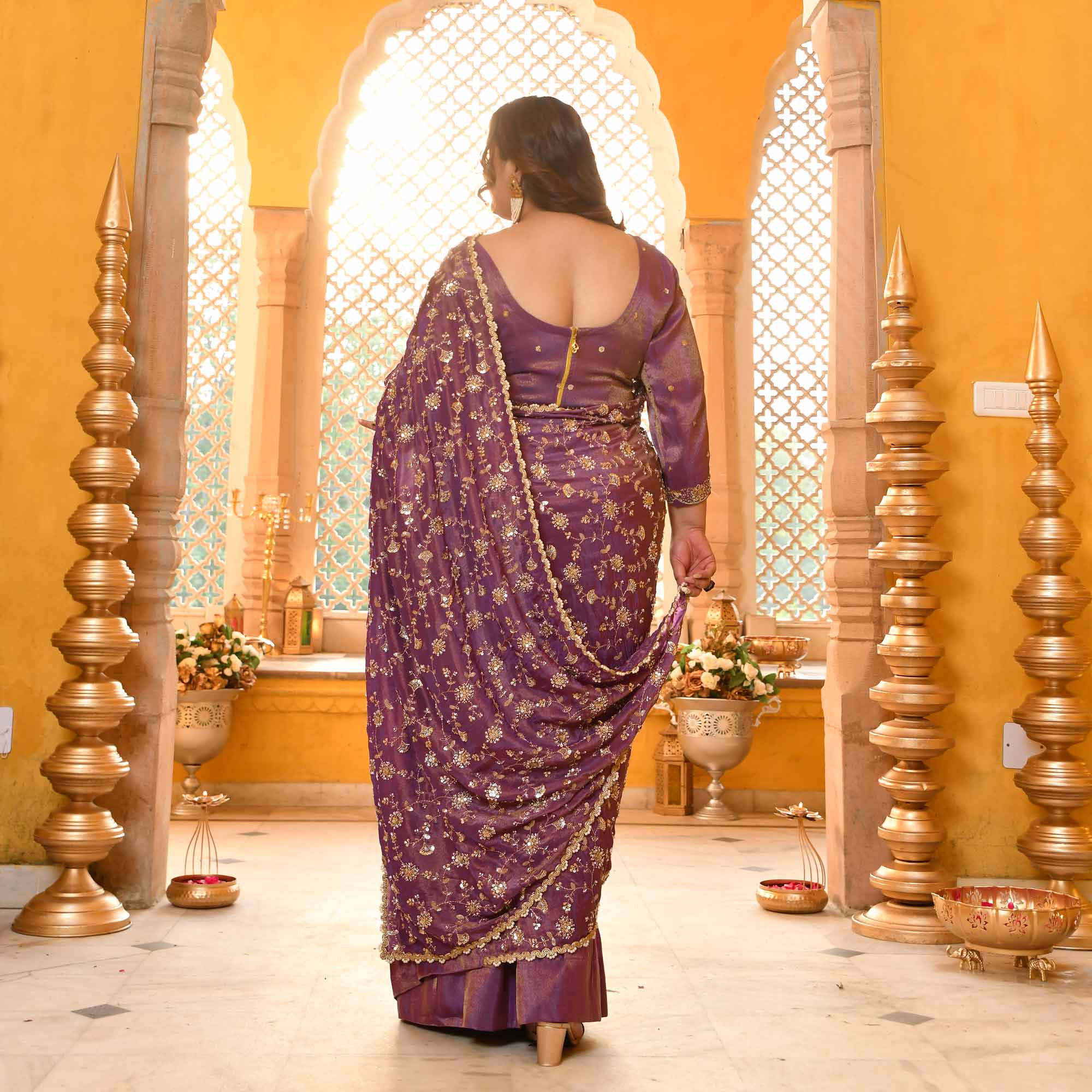 Jewel Ensemble-Deep Purple Cutdana Embroidered Pure Tissue Silk Drape Saree