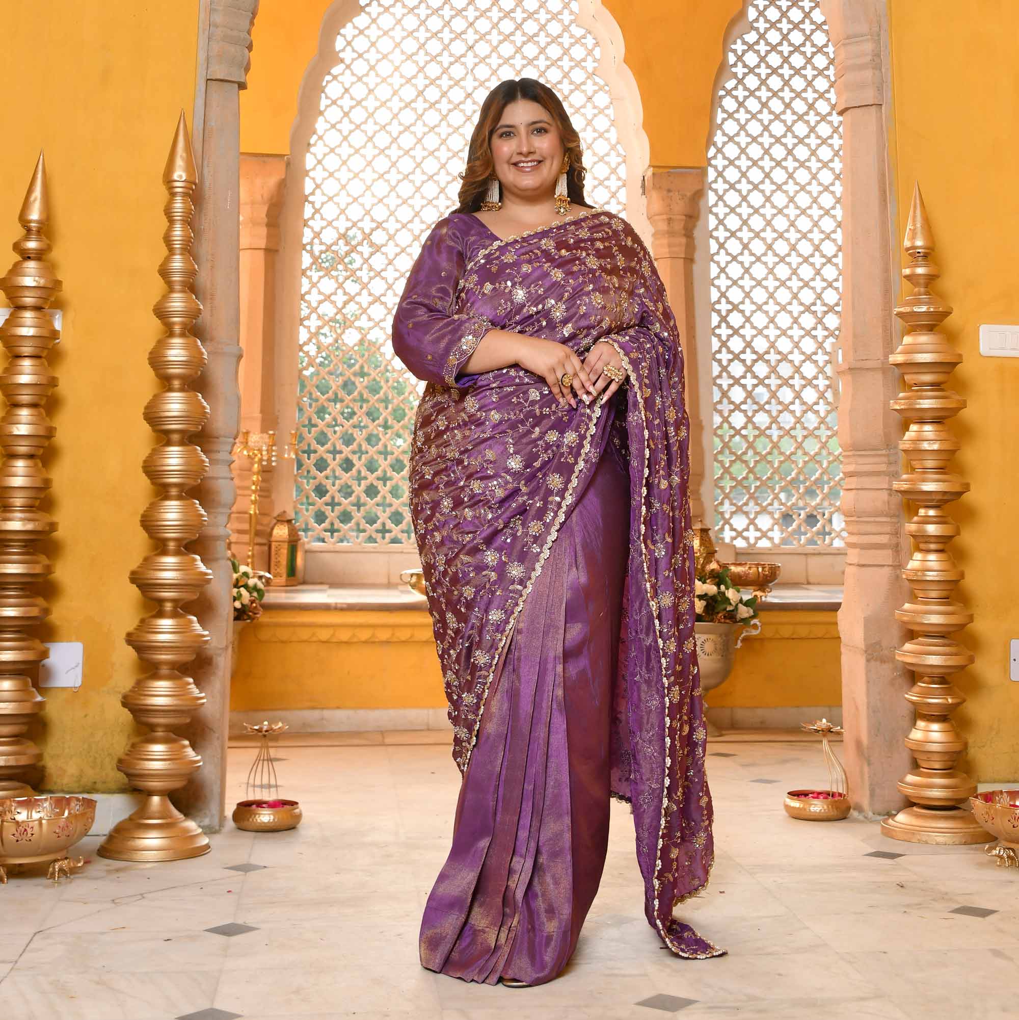 Jewel Ensemble-Deep Purple Cutdana Embroidered Pure Tissue Silk Drape Saree