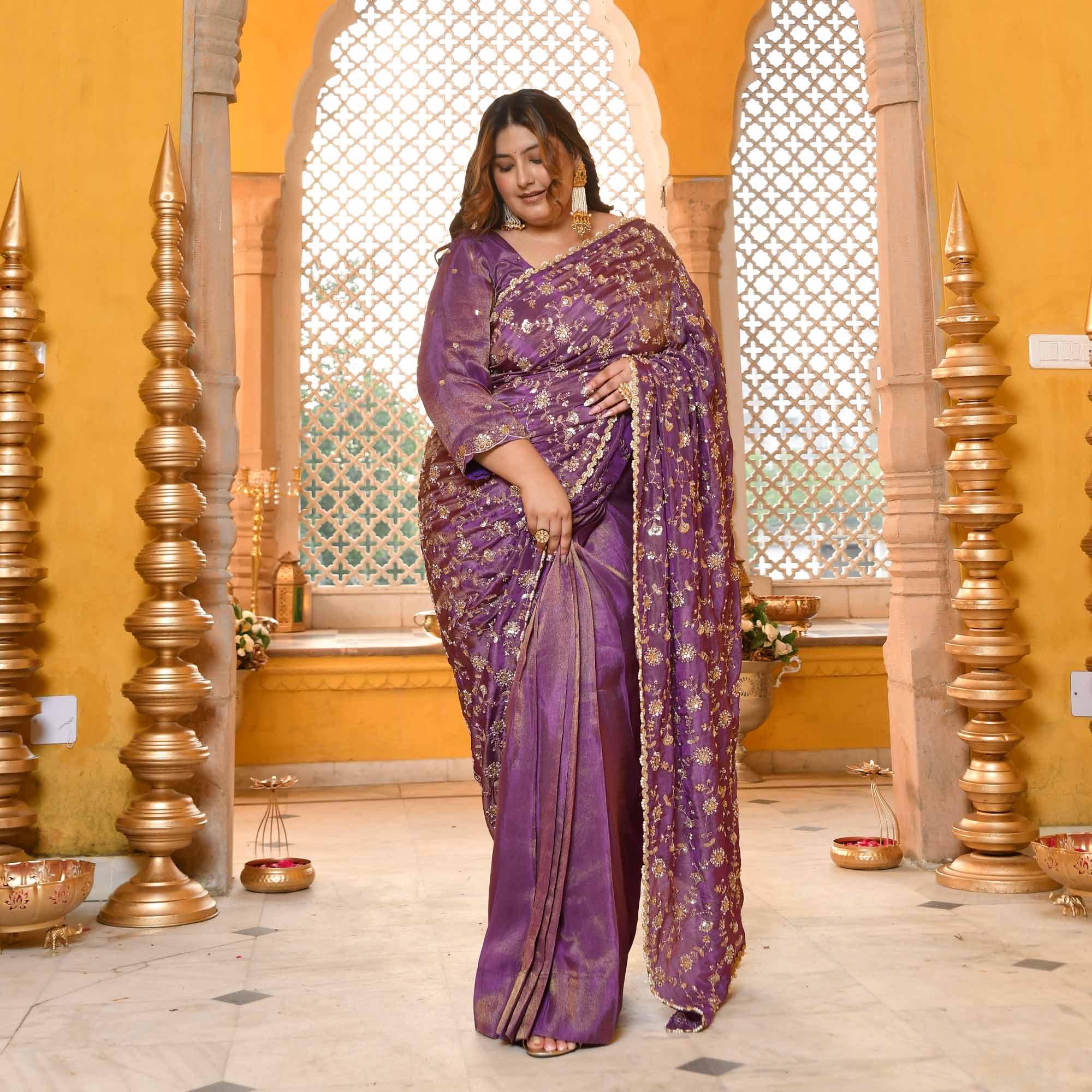 Jewel Ensemble-Deep Purple Cutdana Embroidered Pure Tissue Silk Drape Saree