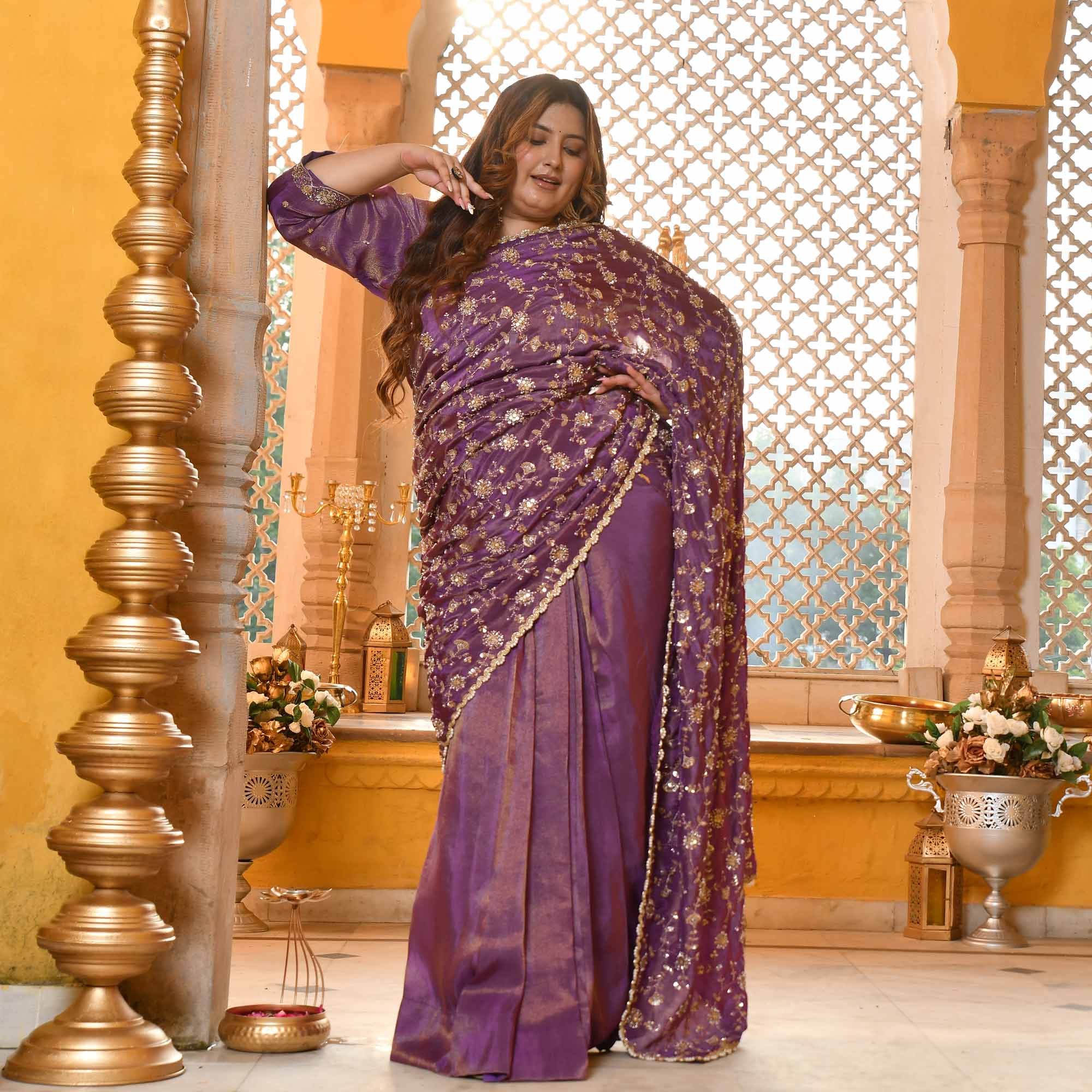 Jewel Ensemble-Deep Purple Cutdana Embroidered Pure Tissue Silk Drape Saree