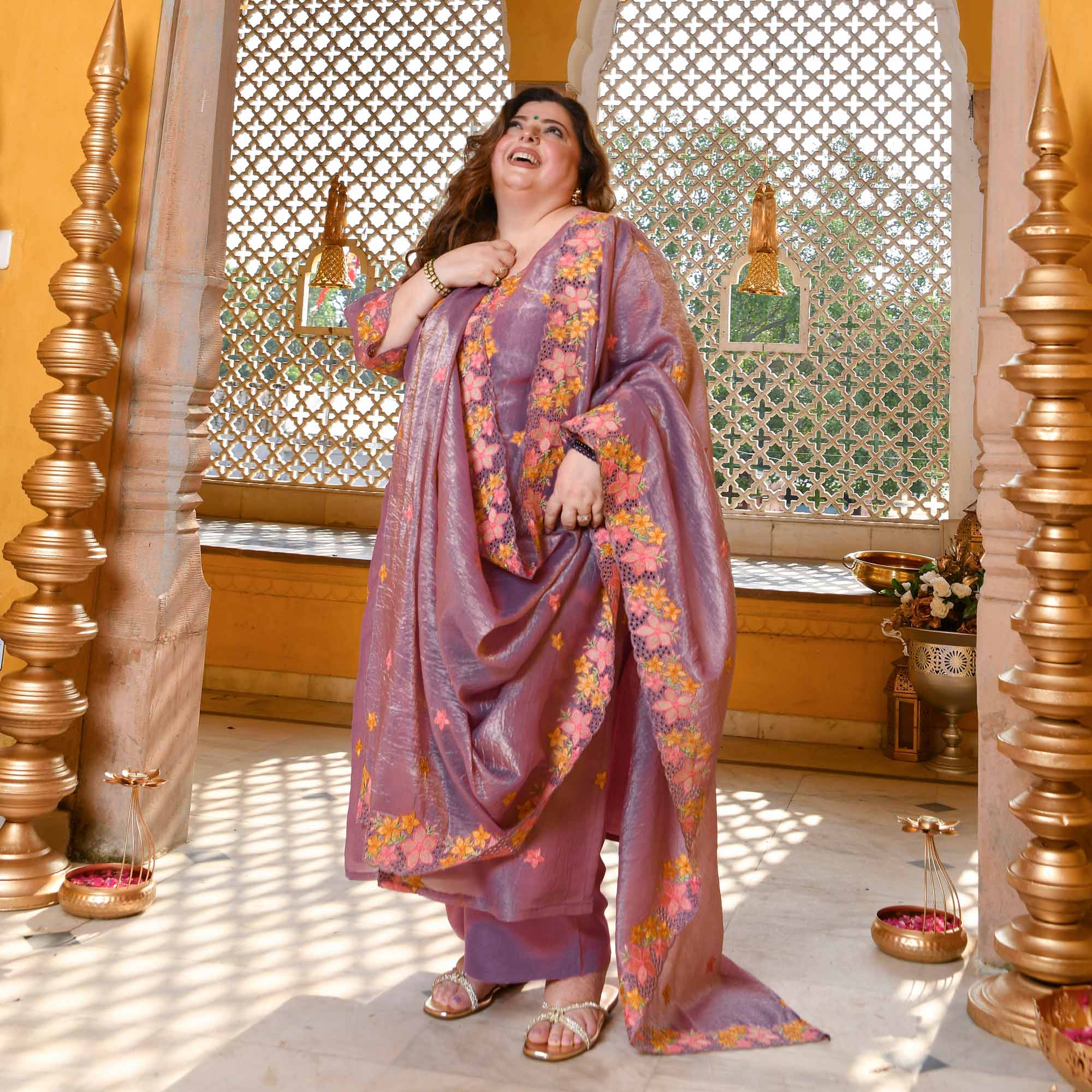 Bloom & Petals - Rich Orchid Floral Embroidered Tissue Silk Suit Set