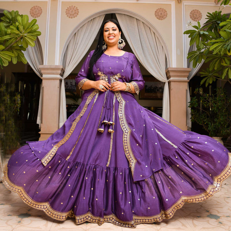 Buy Ultra Violet Sequins Embroidered Silk Party Wear Lehenga Online |  Samyakk
