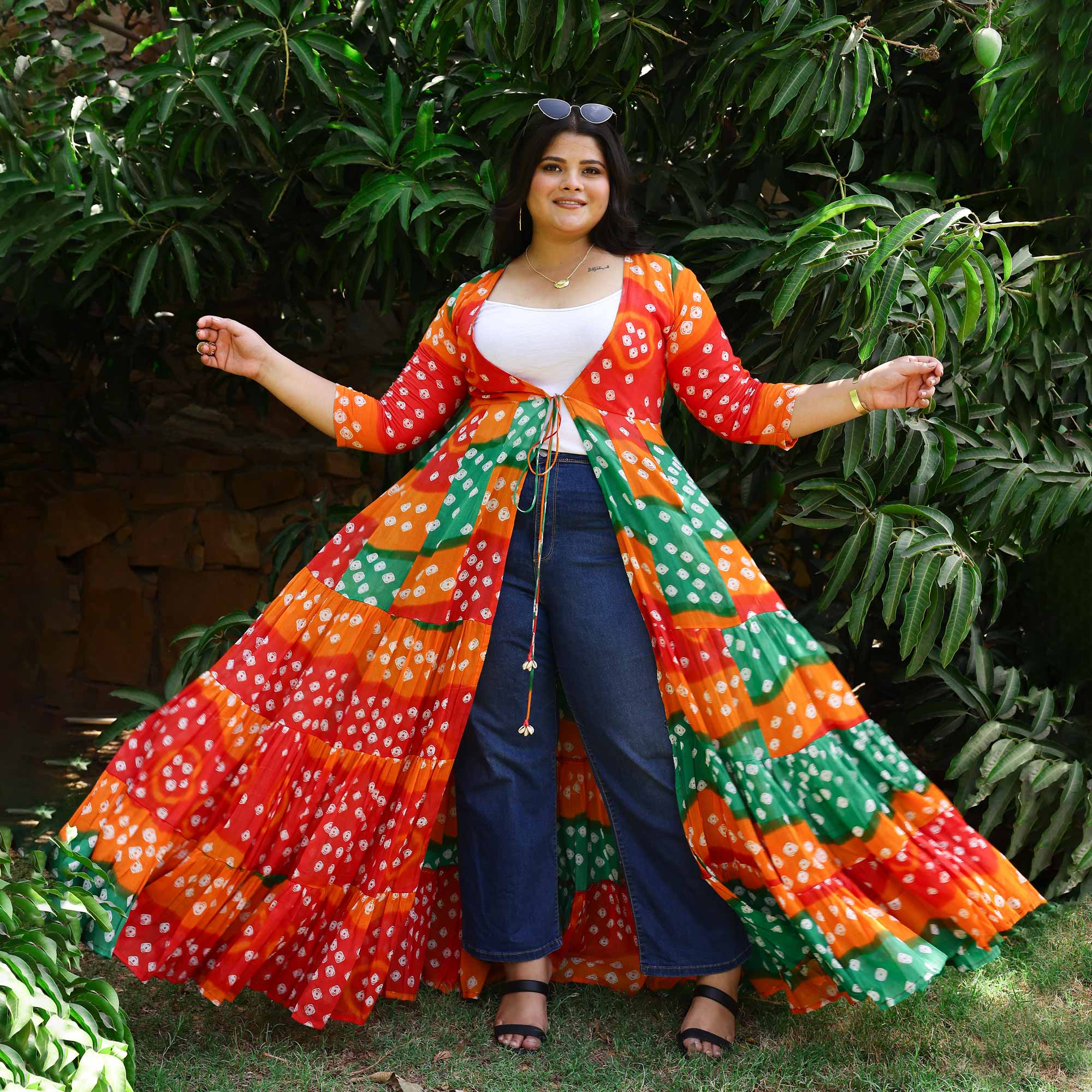 Rust & Red Bandhani Mul-Cotton Tiered Cape 