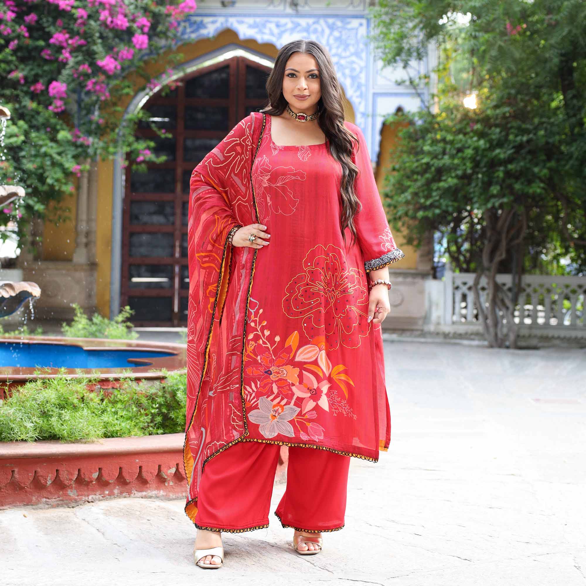 Rouge Beauty- Deep Red & Mustard Floral Hand Embroidered Pure Muslin Suit Set