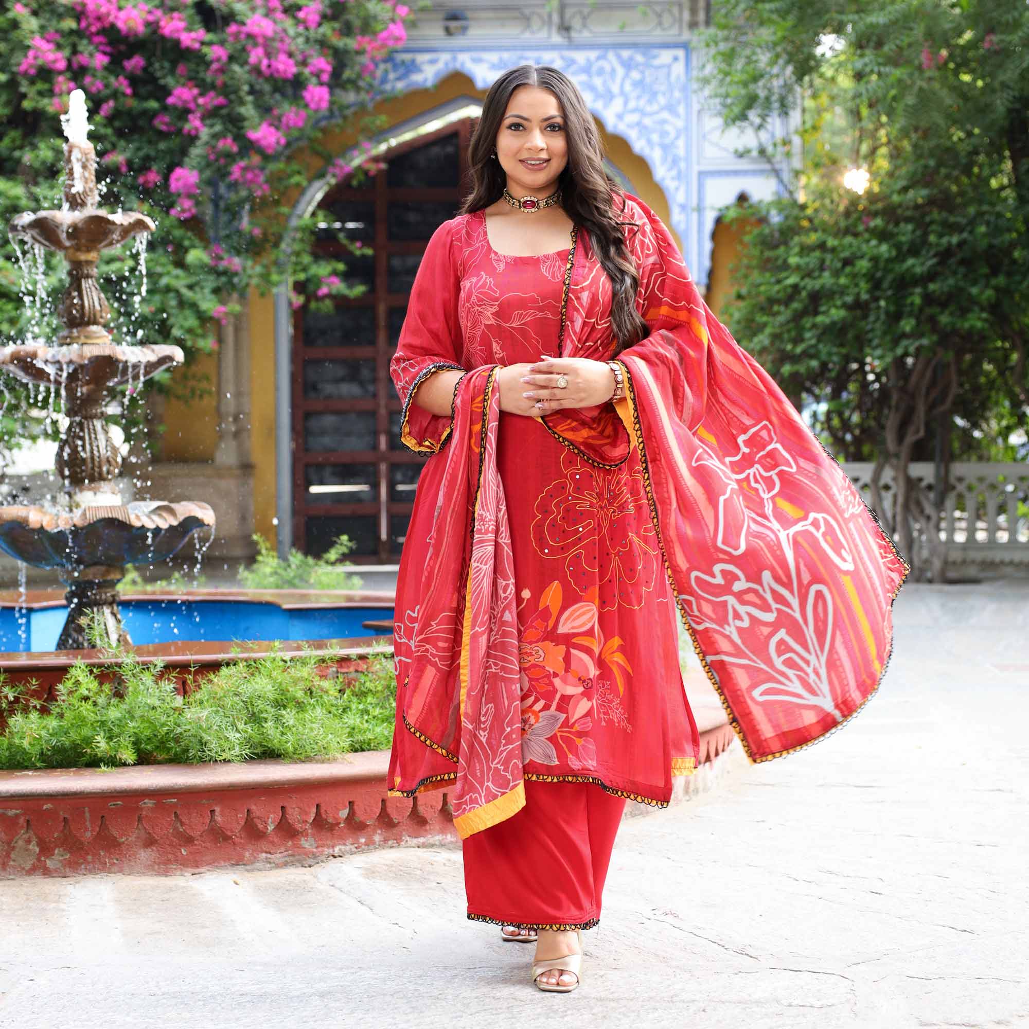 Rouge Beauty- Deep Red & Mustard Floral Hand Embroidered Pure Muslin Suit Set