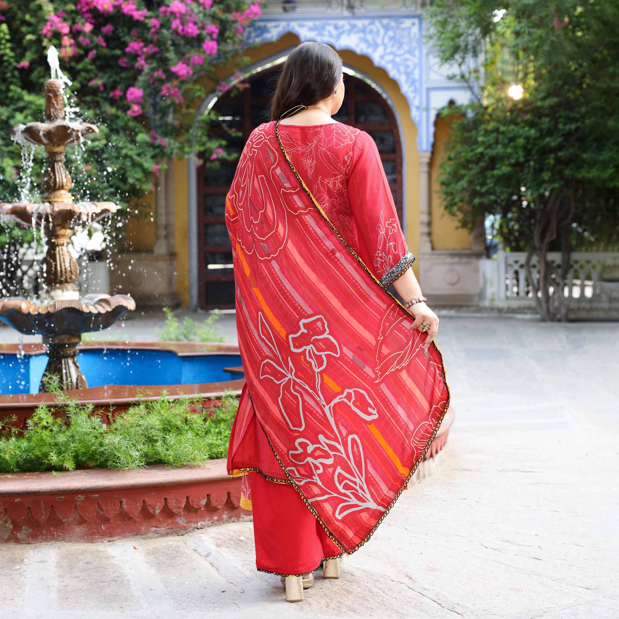 Rouge Beauty- Deep Red & Mustard Floral Hand Embroidered Pure Muslin Suit Set