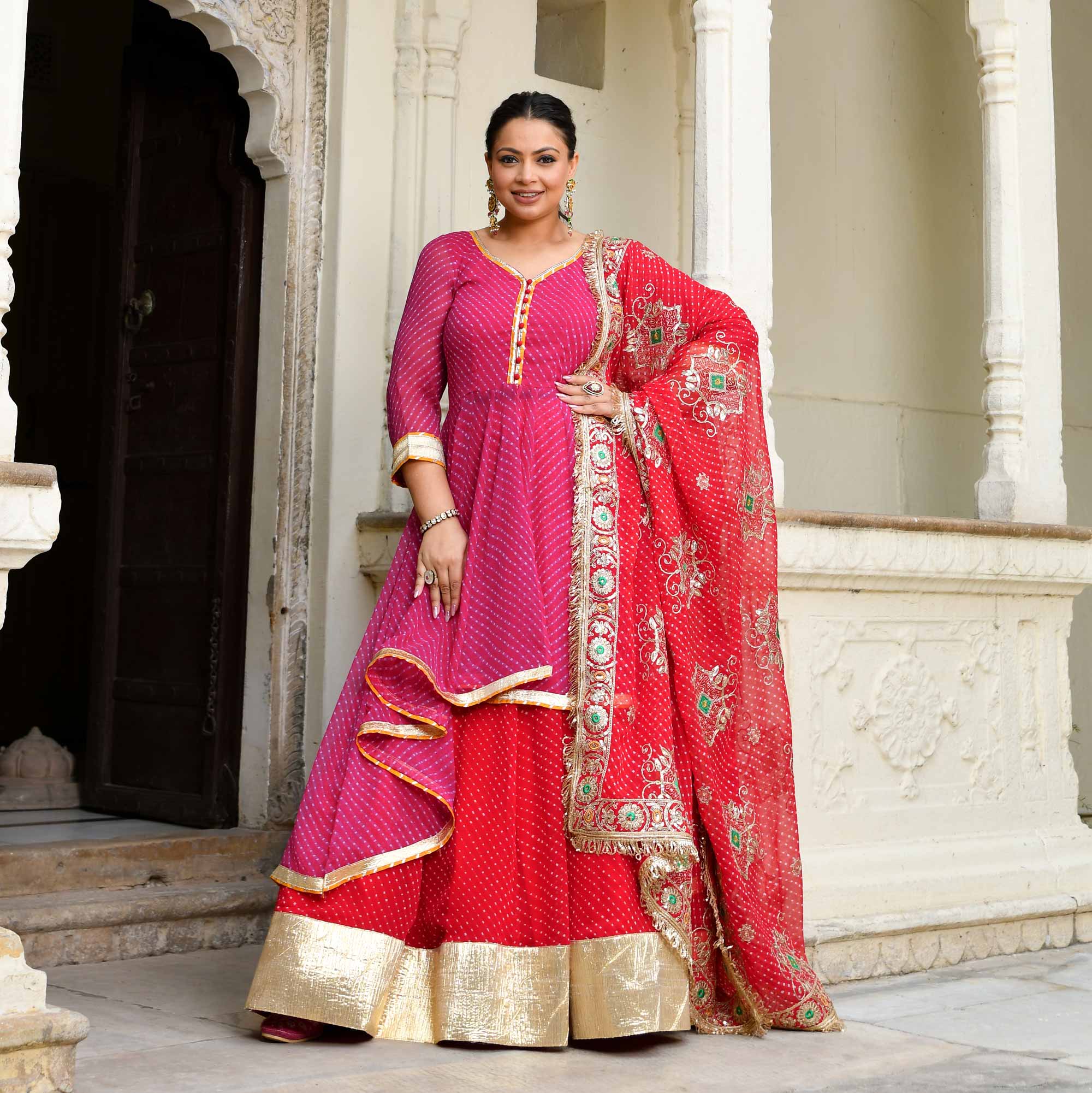 Mehfil Ki Rani- Pink & Red Mothra Embroidered Assymetrical Lehenga Set