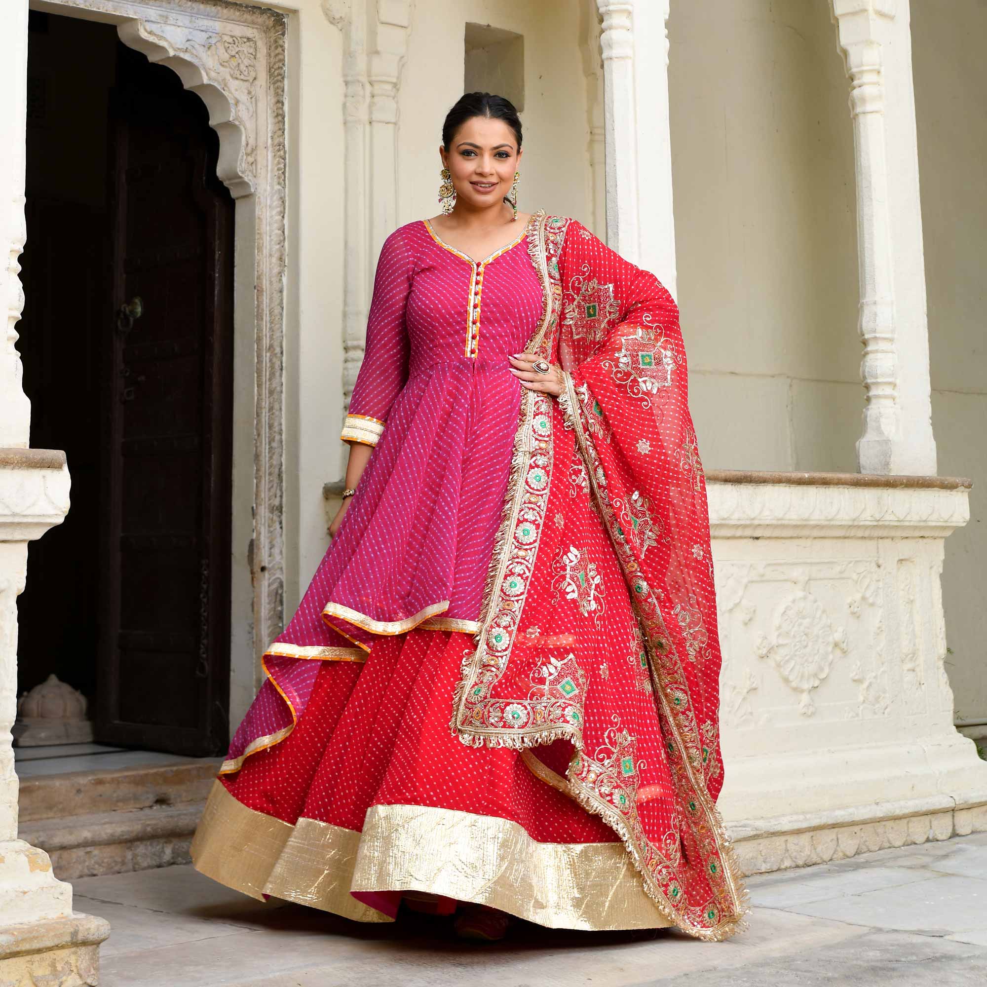 Mehfil Ki Rani- Pink & Red Mothra Embroidered Assymetrical Lehenga Set