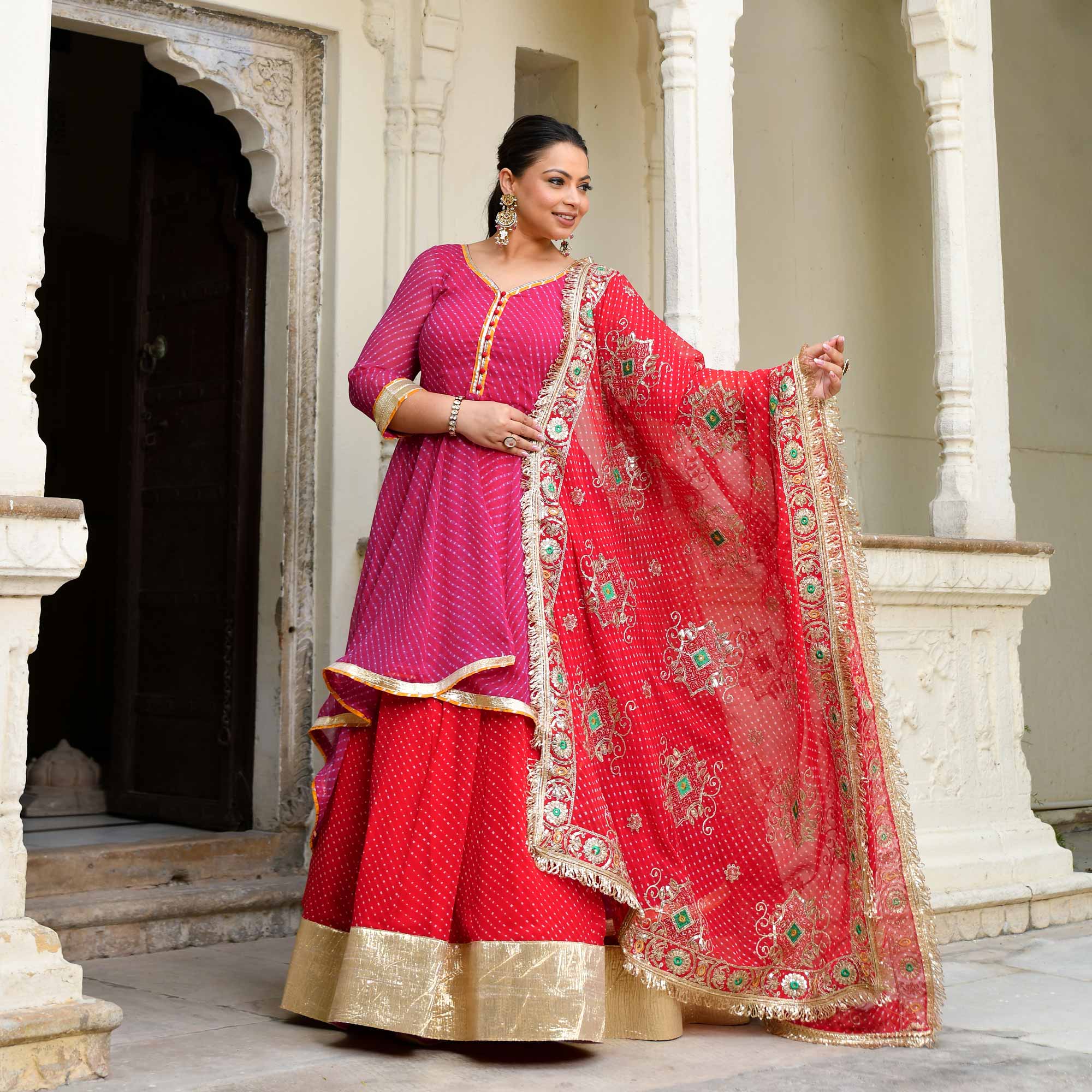 Mehfil Ki Rani- Pink & Red Mothra Embroidered Assymetrical Lehenga Set