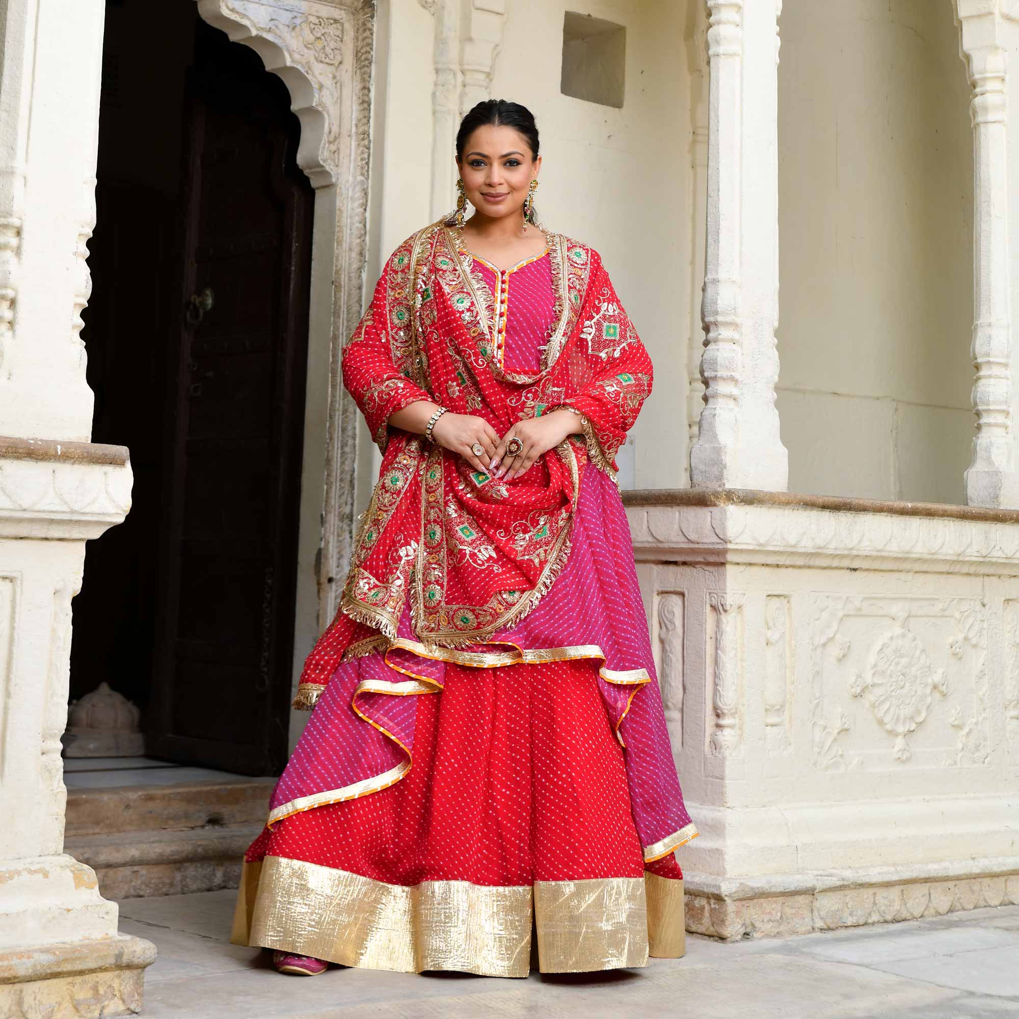 Mehfil Ki Rani- Pink & Red Mothra Embroidered Assymetrical Lehenga Set