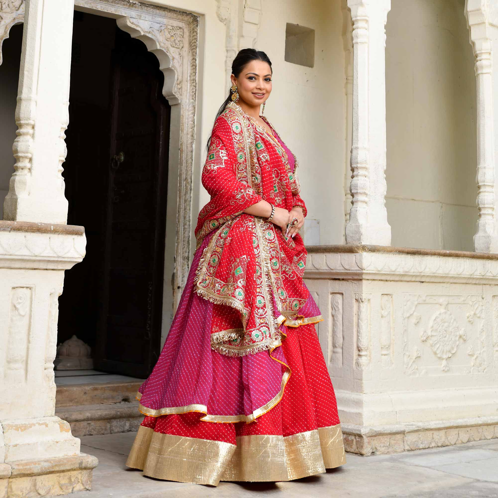 Mehfil Ki Rani- Pink & Red Mothra Embroidered Assymetrical Lehenga Set