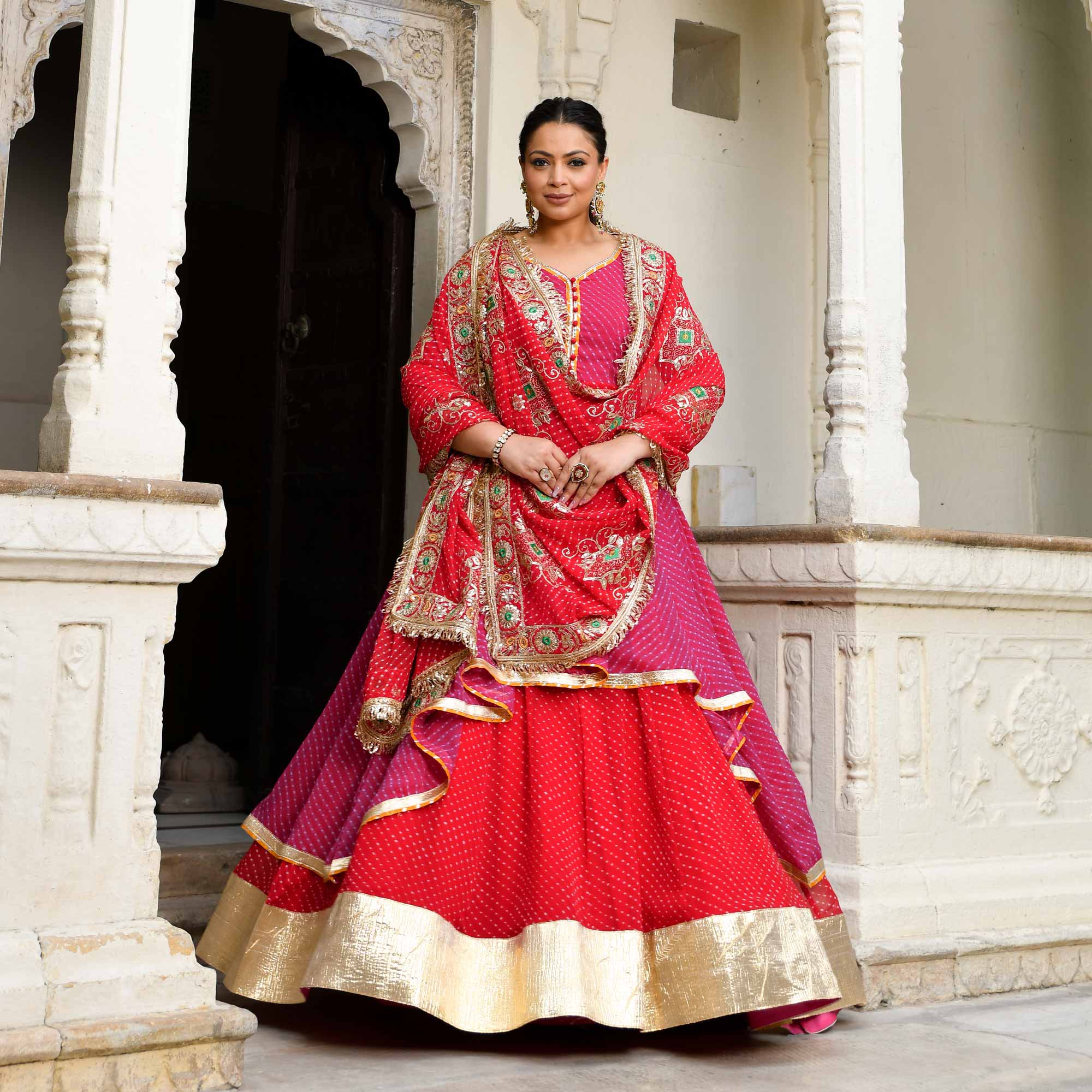 Mehfil Ki Rani- Pink & Red Mothra Embroidered Assymetrical Lehenga Set