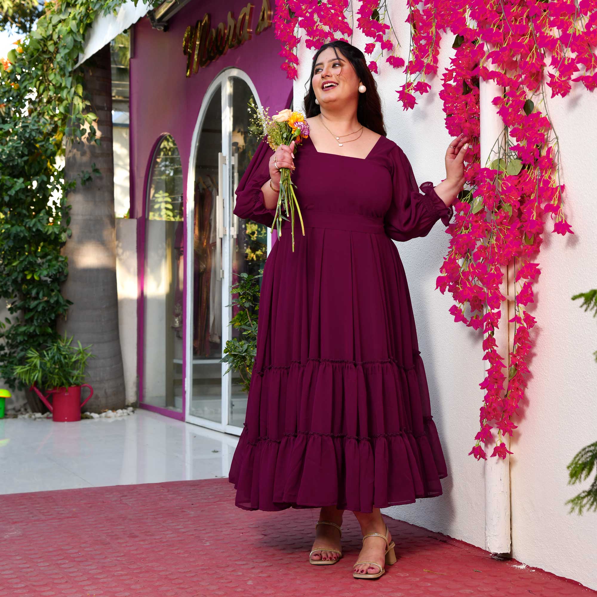 Bulgarian Rose- Deep Wine Flowy Georgette Dress