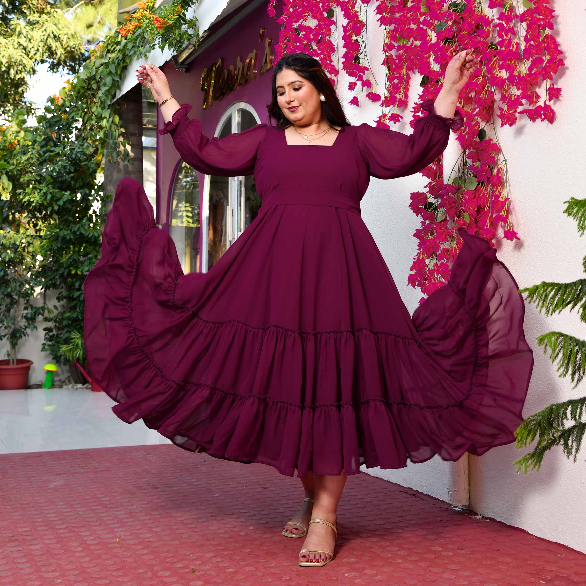 Bulgarian Rose- Deep Wine Flowy Georgette Dress