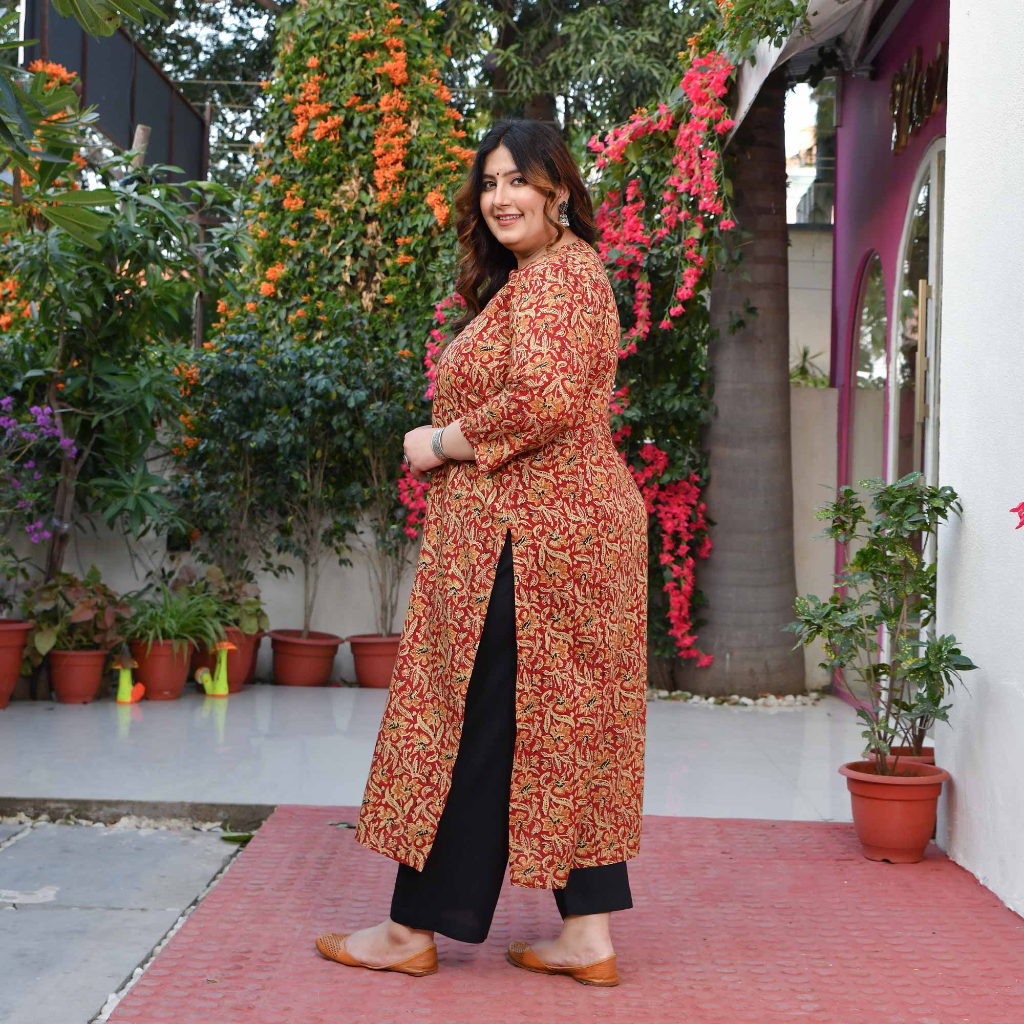 Sandy Brown- Maroon & Beige Kalamkari Printed Kurta