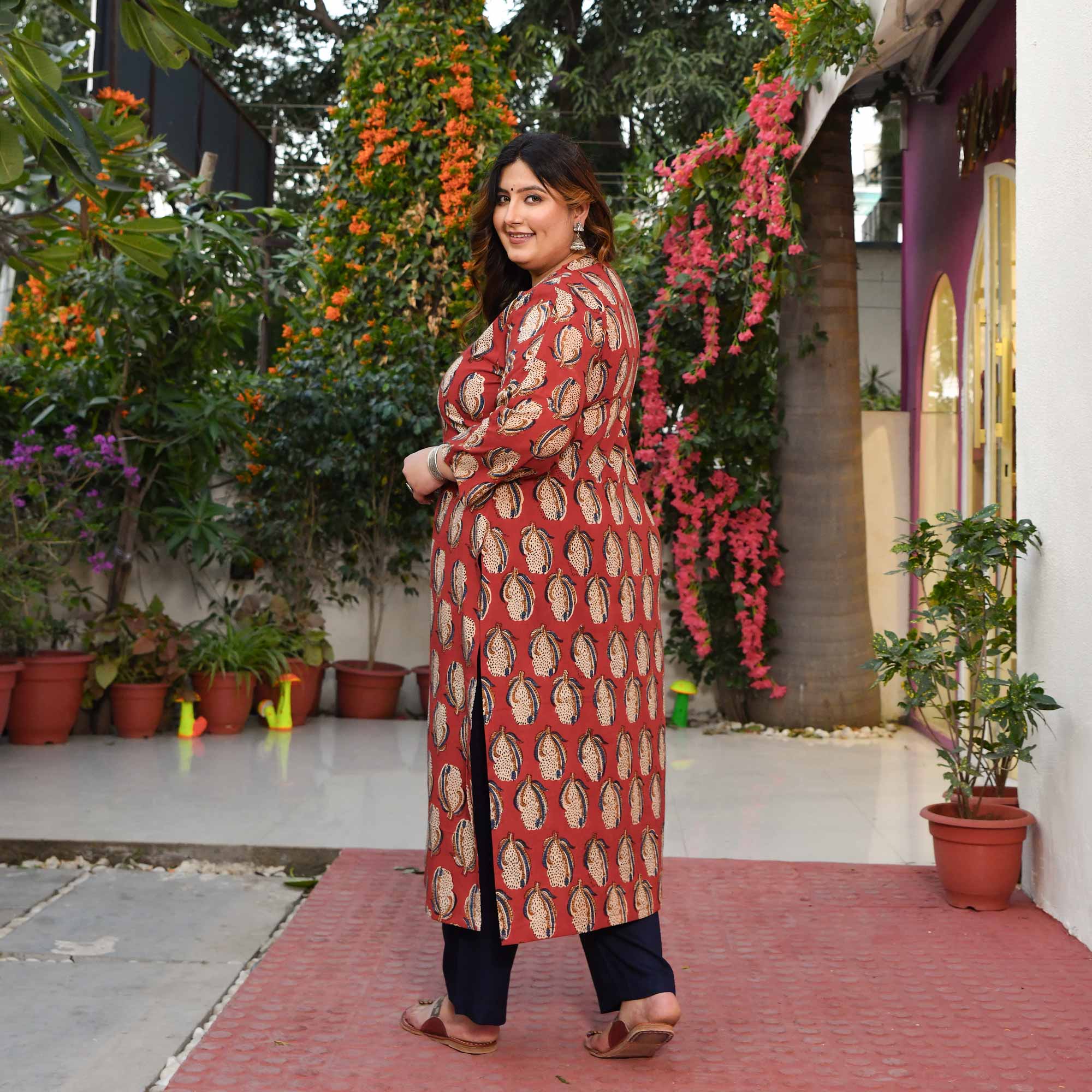 Terracotta- Brick Red Handblock Printed Pure Cotton Kurta