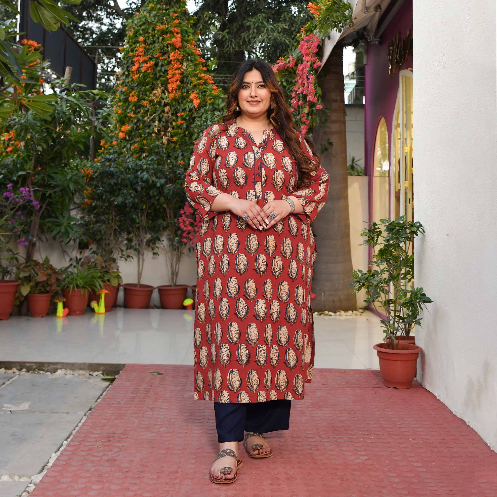 Terracotta- Brick Red Handblock Printed Pure Cotton Kurta