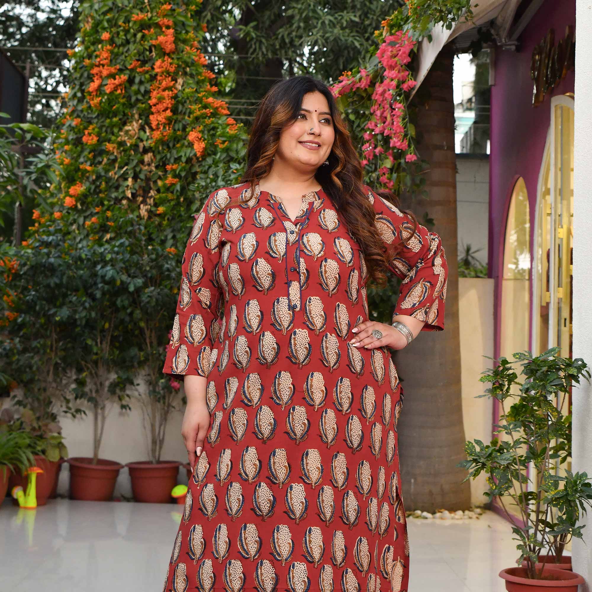 Terracotta- Brick Red Handblock Printed Pure Cotton Kurta