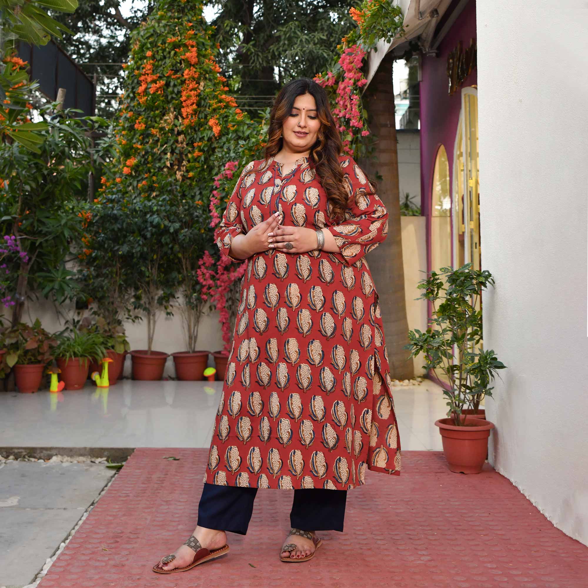 Terracotta- Brick Red Handblock Printed Pure Cotton Kurta