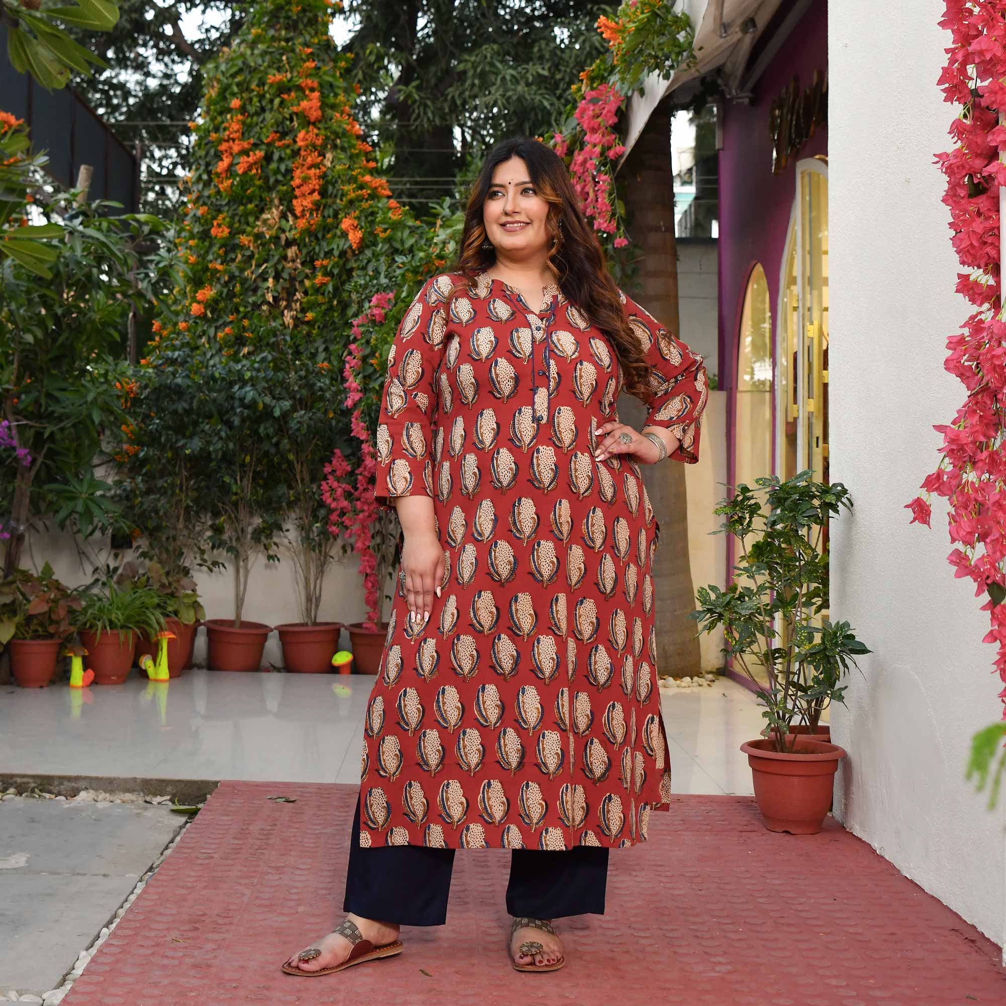 Terracotta- Brick Red Handblock Printed Pure Cotton Kurta