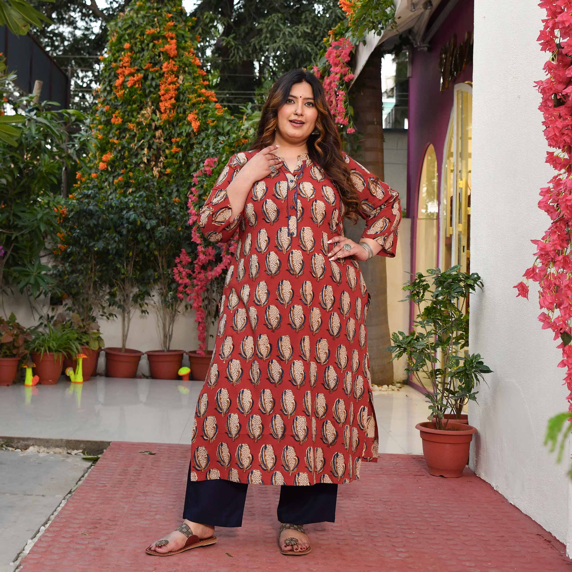 Terracotta- Brick Red Handblock Printed Pure Cotton Kurta