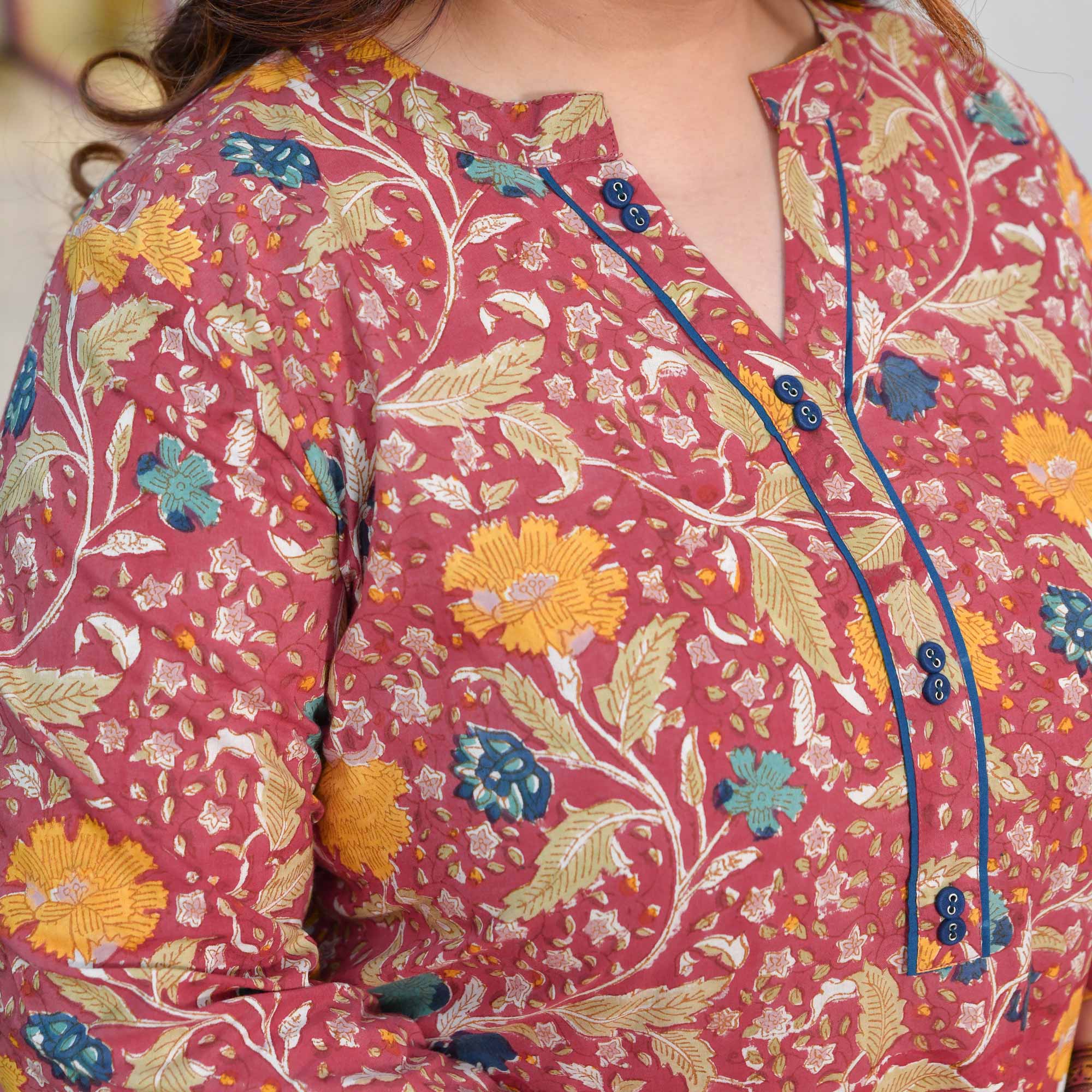 Apple Blossom- Peach Floral Handblock Printed Pure Cotton Kurta