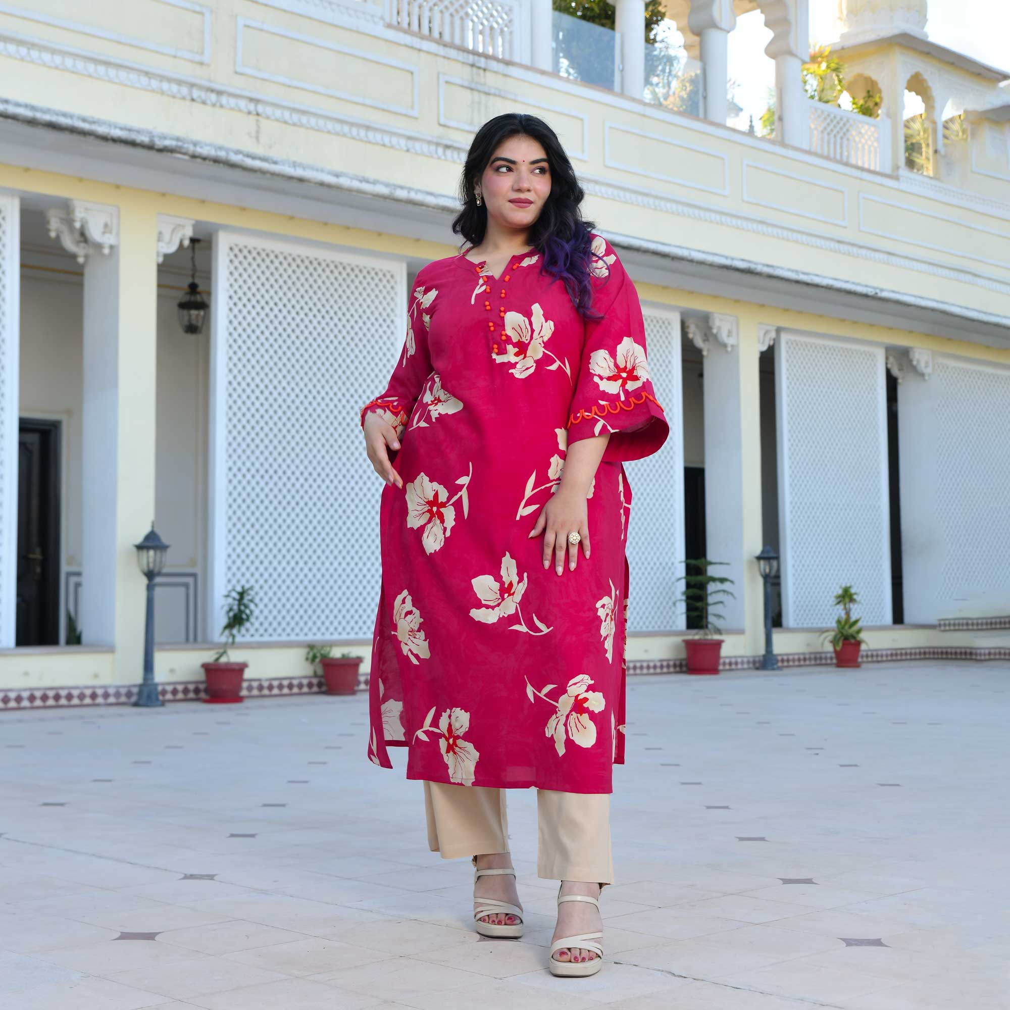 Camellia- Deep Pink Floral Print Rayon Kurta