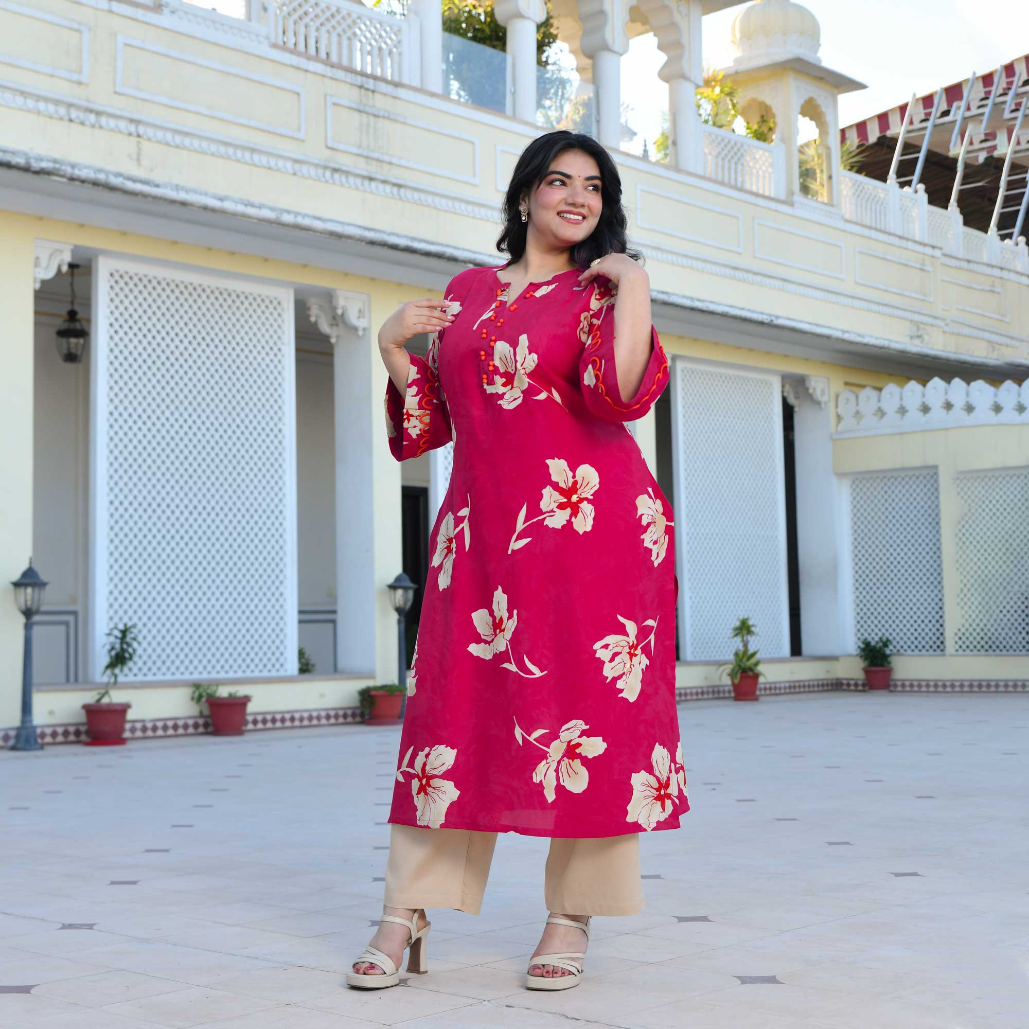 Camellia- Deep Pink Floral Print Rayon Kurta