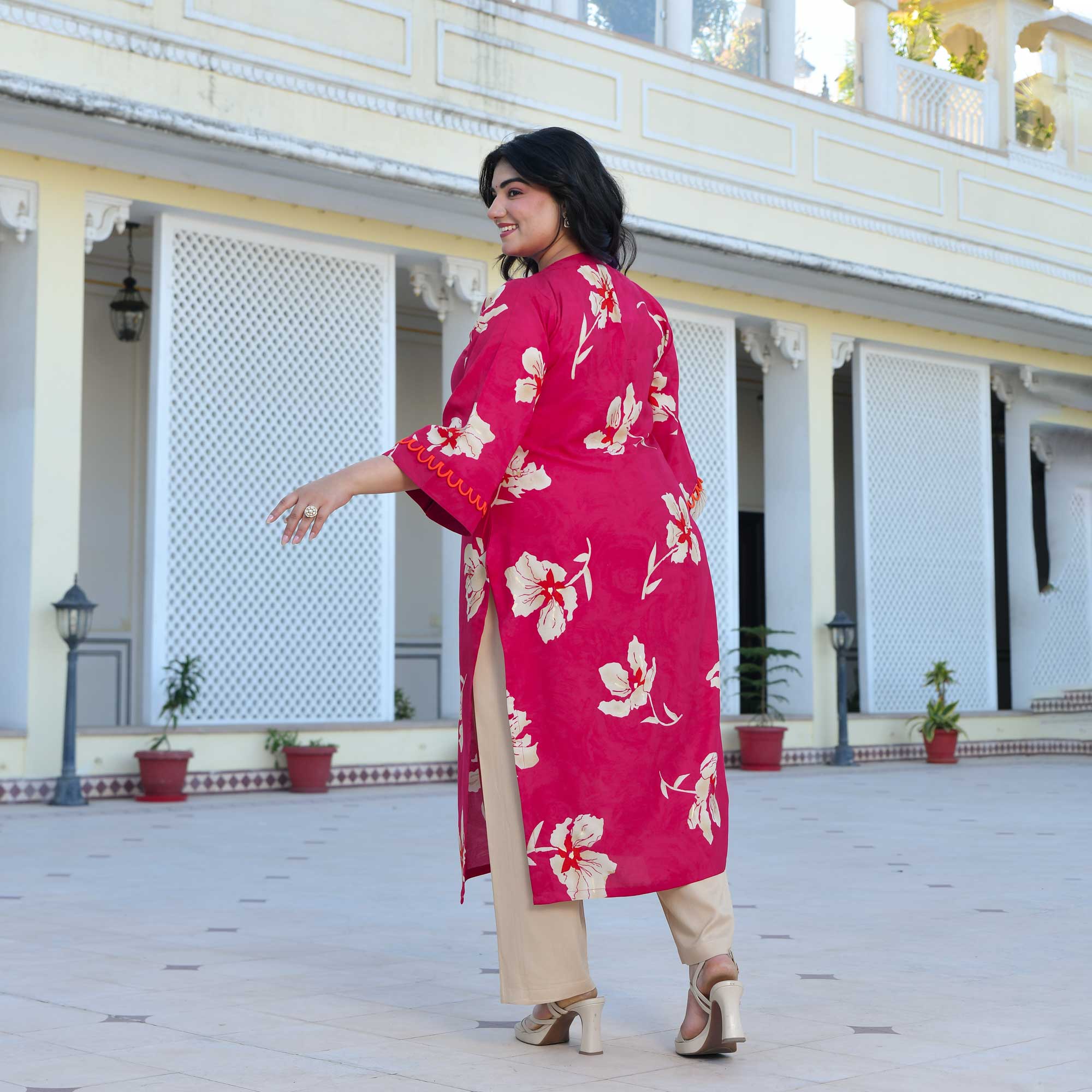 Camellia- Deep Pink Floral Print Rayon Kurta