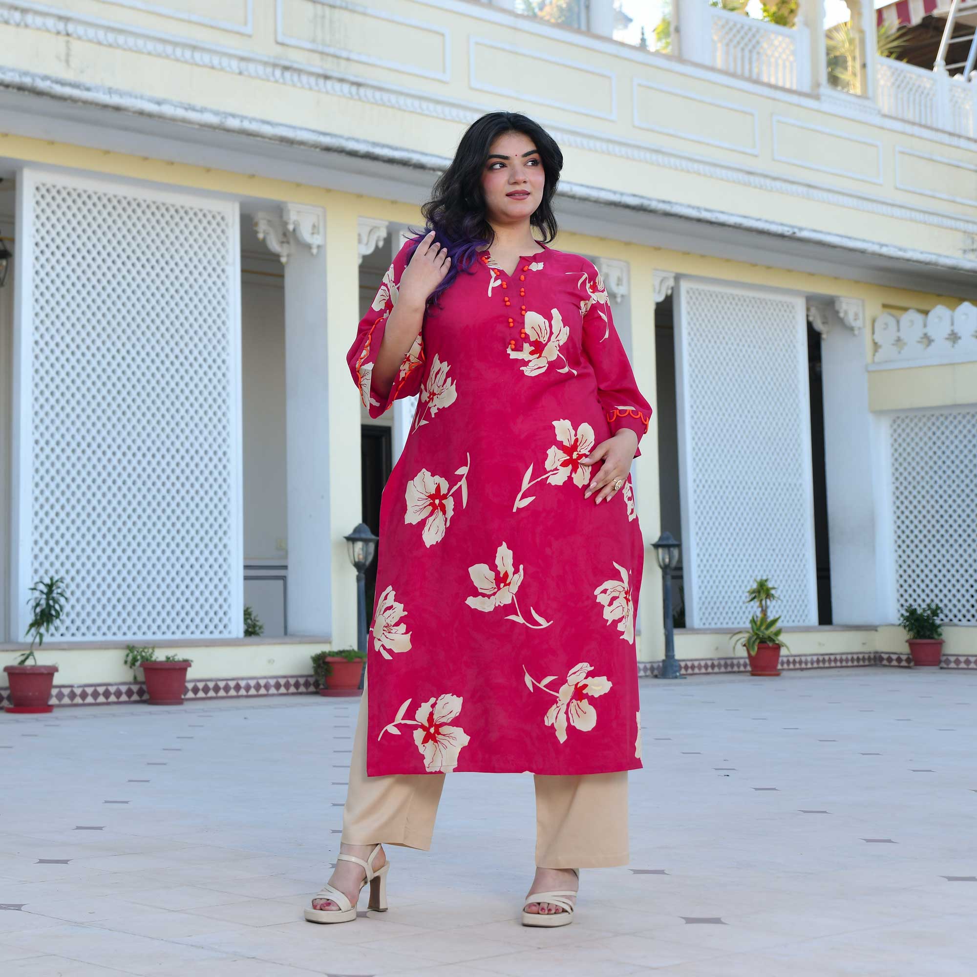 Camellia- Deep Pink Floral Print Rayon Kurta